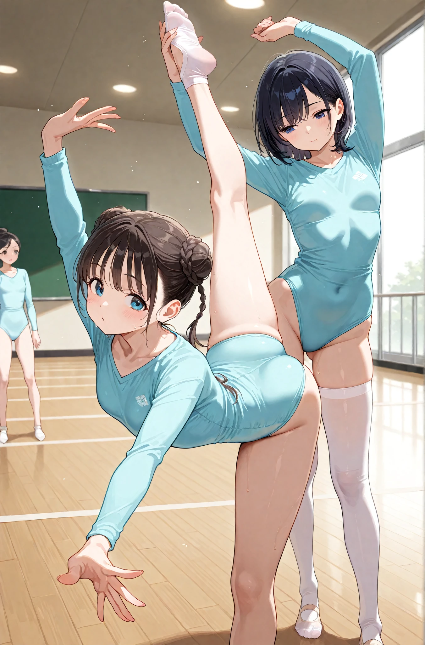 highquality illustration, masterpiece, very delicate and beautiful, attractive girl,(colorful leotard, heattech leotard,tight leotard,long_sleeve leotard,ribbed leotard,high_leg leotard,turtleneck leotard),purple hear,short hear, audience reactions,thin,slender body,slim,gymnasium,gymnastics club,2 girls,gymnastics athlete,bare legs,gymnasium background,gymnastics club,beautiful eyes, light smile,(masterpiece, best quality:1.2), highres, extremely detailed CG unity 8k wallpaper, perfect lighting, Colourful, ultra-high res,4K,ultra-detailed, photography, 8K, HDR, 17 ages, gymnastics athletes