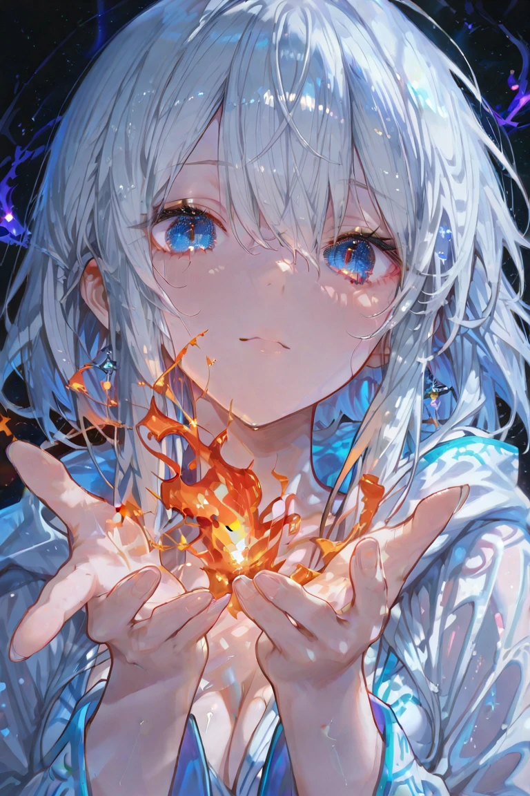 Resolution full, fireball, nude, only eyes, only showing eyes, focus eyes, focus at girl eyes, just girl face, very accurate, best quality, masterpiece, cinematic lighting, full HD, very sharpener, best art, very accurate, beautiful girl, pretty girl, cute girl, young girl, medium breast, The girl's hand holding blue fireball, open mouth, top body, (grey hair), long hair, Braid hair, ahoge hair, straight hair, straight hair bangs, beautiful hair and bangs hair, grey hair, hair clip, hair ribbon, Tears, crying, (bright blue eyes, glowing blue, eyes, detailed beautiful blue eyes), glowing blue tattoo at girl face, glowing blue tatto at girl face, hands girl holding fireball, girl kneeling, at ancient ruins