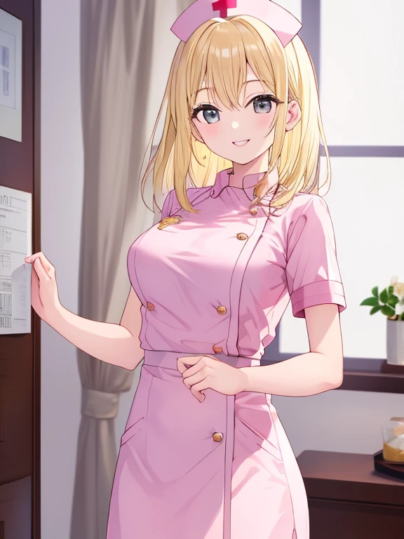 tmasterpiece, Best quality at best, finely detailled, A high resolution, Extremely refined and beautiful, 1womanl,slenderlegs, looking at viewert, face to the viewer, Golden hair, white backgrounid, 独奏,(full bodyesbian:2),(:1.2),A mother,Big breasts wife,Nurse's uniform,Bedrooms,Complicated details,Intricate patterns,