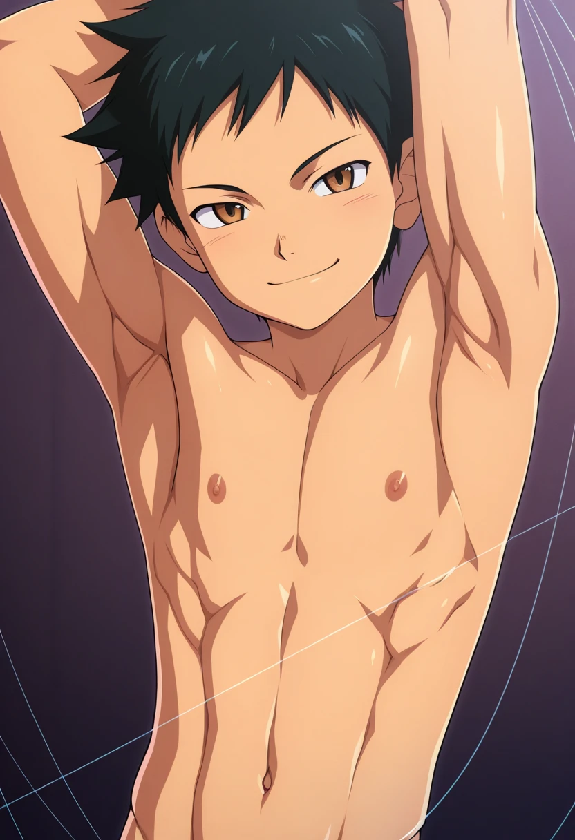 1boy, 1solo, black hair, short hair, brown eyes, hair between eyes, ash ketchum, beach shorts, unabuttoned light blue shirt, shirtless, undressing, he's pulling his shorts down showing his crotch