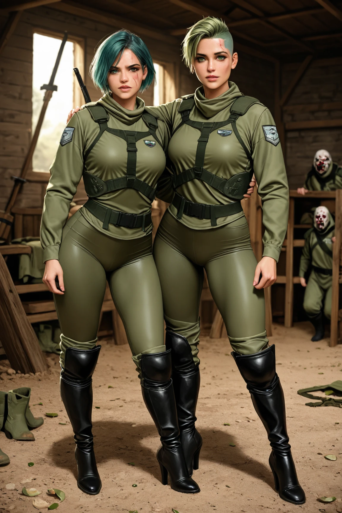 (Masterpiece, best quality), (Two gorgeous 30 year old strong german women staring at each other, ponytail, wearing sunglasses, army hat), (black army gloves:1.2), ((topless, perfect breasts, NSFW, mud on body)), (tight camo military pants), (raining, muddy forest), muscular, fitness model body, (ready to fight:1.2), (big butt), ((full body))