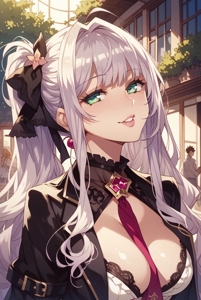 Silver hair, pink eyes, older woman, pink red and gold clothes, hair ornament, cat ears, necklace, long hair, smiling face, upper body
