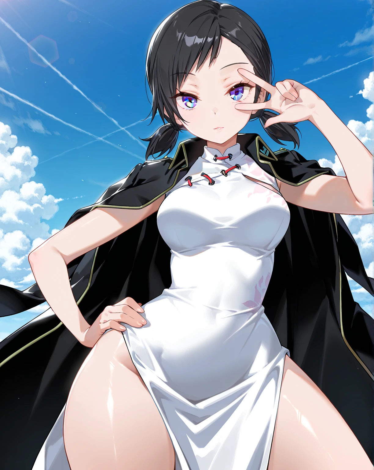 score_9, score_8_up, score_7_up, best quality, masterpiece, source_anime, anime screencap, one_piece_wano_style, clear face, 1girl, solo, black hair, elegant short hair, brown eyes, large breasts, wings on her back, bodysuit white, one-piece dress, clevage, outdoor, smile, looking at viewer, thigh high boots, Bare thighs