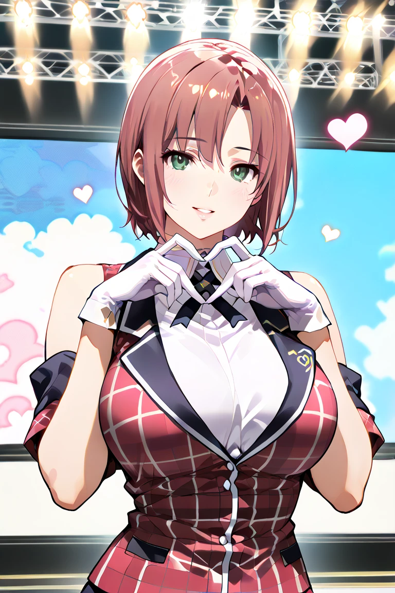 masterpiece, best quality, highres, aaichika, tiara, bridal veil, necklace, cleavage, wedding dress, strapless dress, white dress, white gloves, elbow gloves, garden on background, smile, open mouth, tears, upper body, confetti, holding bouquet, bouquet, ShizukaMikazuki, short hair, brown hair, hair ornament, brown eyes, hairclip