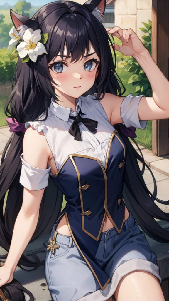 maisakurajima, Mai Sakurajima, long hair, bangs, (black hair:1.5), hair ornaments, (purple eyes:1.1), hair clip, rabbit hair ornaments,blue eyes, medium chest , OL, Fundo, black suit jacket, collared jacket, white dress shirt, collared shirt, neckline, button, strap, ID card on neck, black pencil skirt, black pantyhose, stiletto heels,There is a coffee mug and a computer on the desk.,Steam from the mug,sitting cross-legged on a chair,smile,
break indoors, office,
break looking at viewer, (cowboy shot:1.5),
break (masterpiece:1.2), highest quality, High resolution, unity 8k wallpaper, (figure:0.8), (beautiful and fine eyes:1.6), highly detailed face, perfect lighting, Very detailed CG, (perfect hands, perfect anatomy),