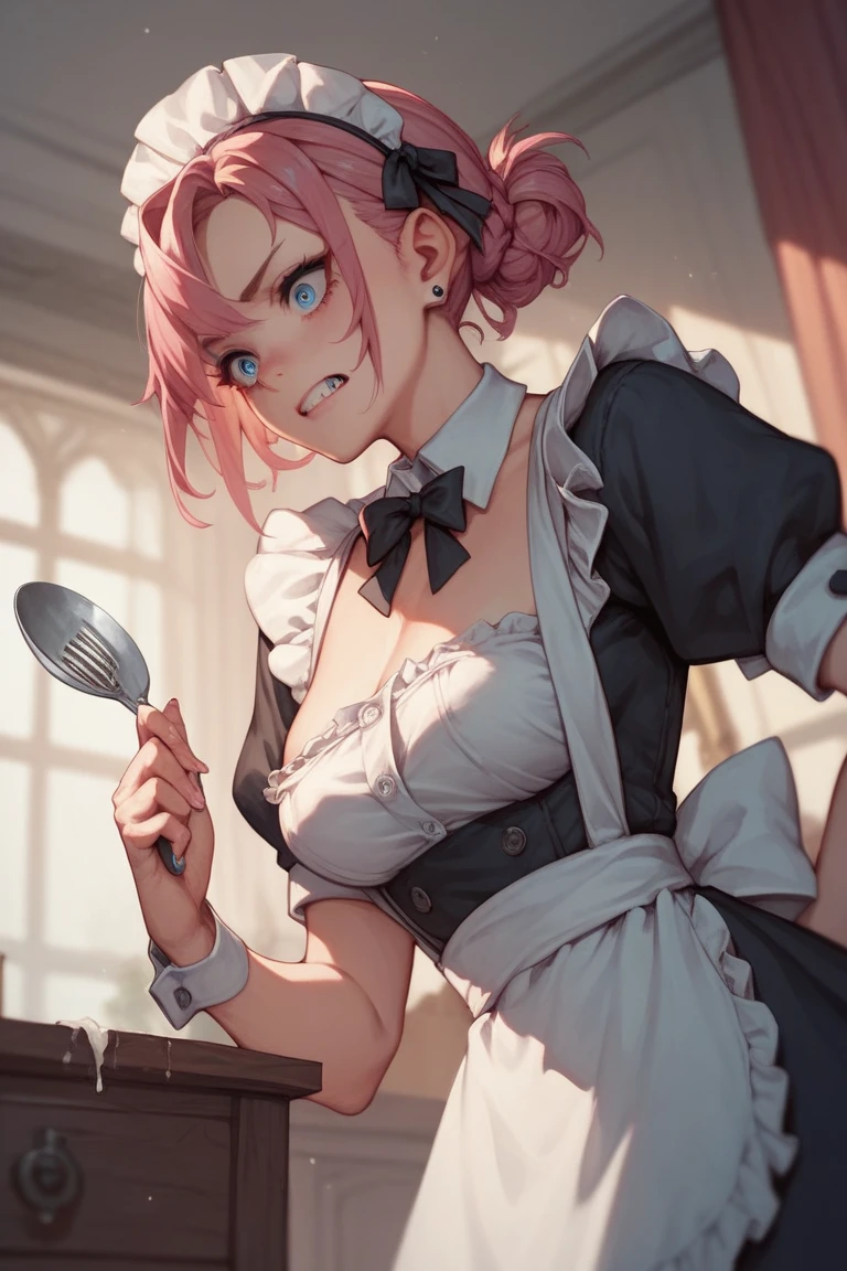 Close-up portrait of a playful maid, undercut hair, Natural, aprons, amazing body, pronounced feminine features, Kitchen, [Ash Blonde | Ginger | Pink hair], freckle, Flirting with camera --auto