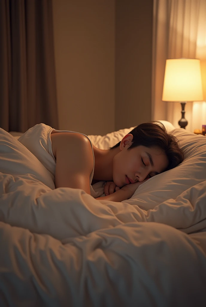 Jungkook from bts Lying on a bed with no clothes with his penis releasing cum