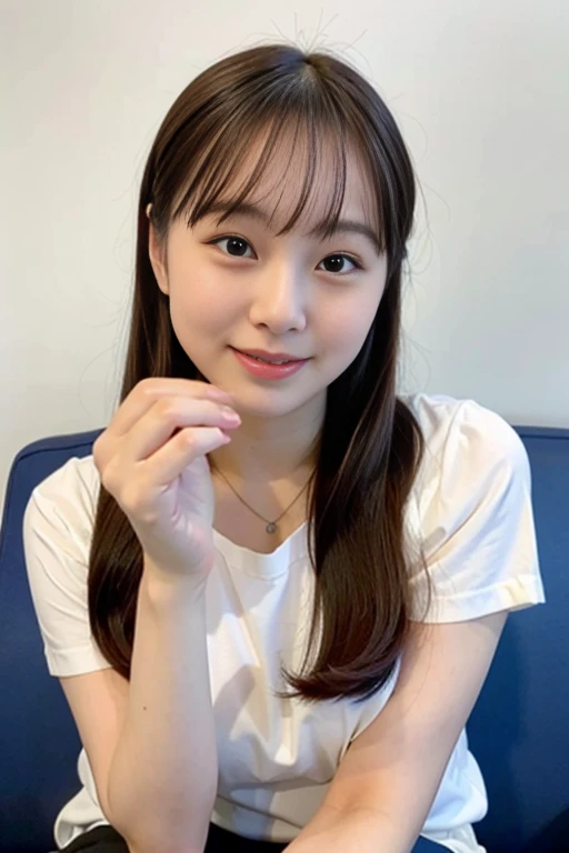 (masterpiece:1.3), (8k, Realistic, RAW Photos, Best image quality: 1.4), 20-year-old girl、(Random Hairstyles:1.2)、Highly detailed face、Attention to detail、double eyelid、Sharp focus:1.2、Beautiful woman:1.4、Light brown hair、Highest quality、masterpiece、Ultra-high resolution、(Realistic:1.4)、Highly detailed and professional lighting、Brown Knight、thin、A big smile、Long black hair、Deadly position、Beautiful Skin、Random Pause、Shiny Hair、Sculpture model pose、White T-shirt