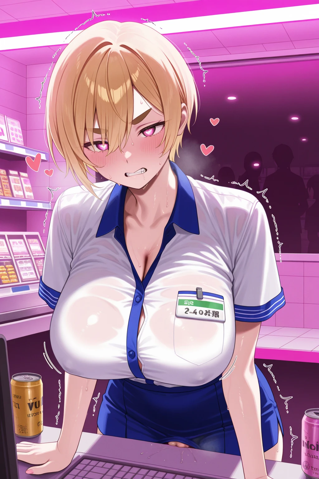 Stella Loussier, pink eyes, blonde hair, bangs, short hair, messy hair,, large breasts, church,  convenience store, , solo, nsfw naked,  , (Sweating profusely, Love juice, Wet Woman, female ejaculation), ,Peeing, lactation, projectile lactation