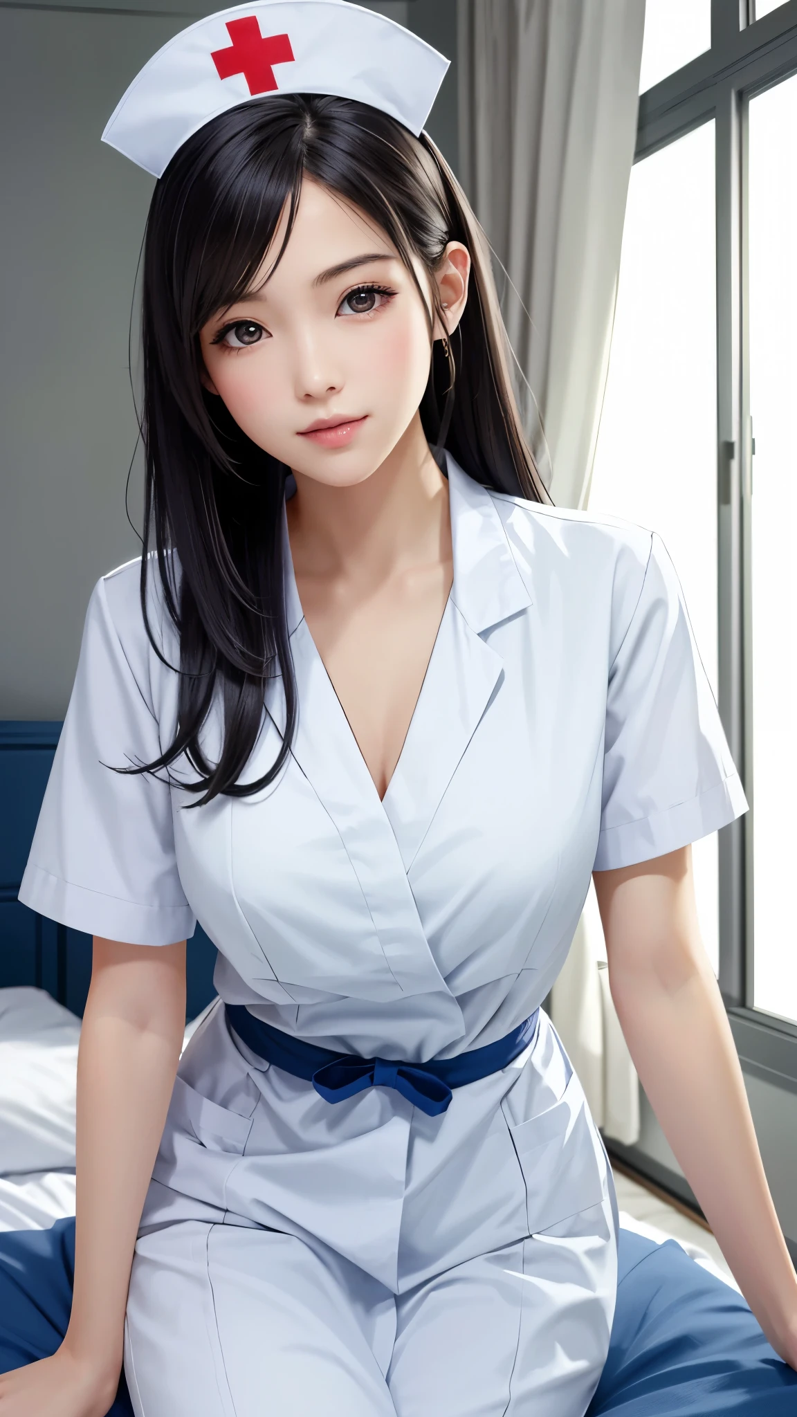 {Top Quality, Masterpiece}, (Realistic: 1.3), Wallpapers, ultra high res, ultra high quality, BREAK {{{FF7,Tifa_lockhart, solo}}},(she is wearing a Japanese White nursing uniform, white nurse uniform:1.3) , (hospital, bed, indoor), (model pose:1.1), Ultra-detailed face, Detailed eyes, Red eyes, BREAK (((FF7,Tifa_lockhart))),(black brown hair, Large breasts: 1.0), About 18 years old, kawaii, shy:1.1,cute smiling, {{erotic eyes, erotic mouth, erotic face}}