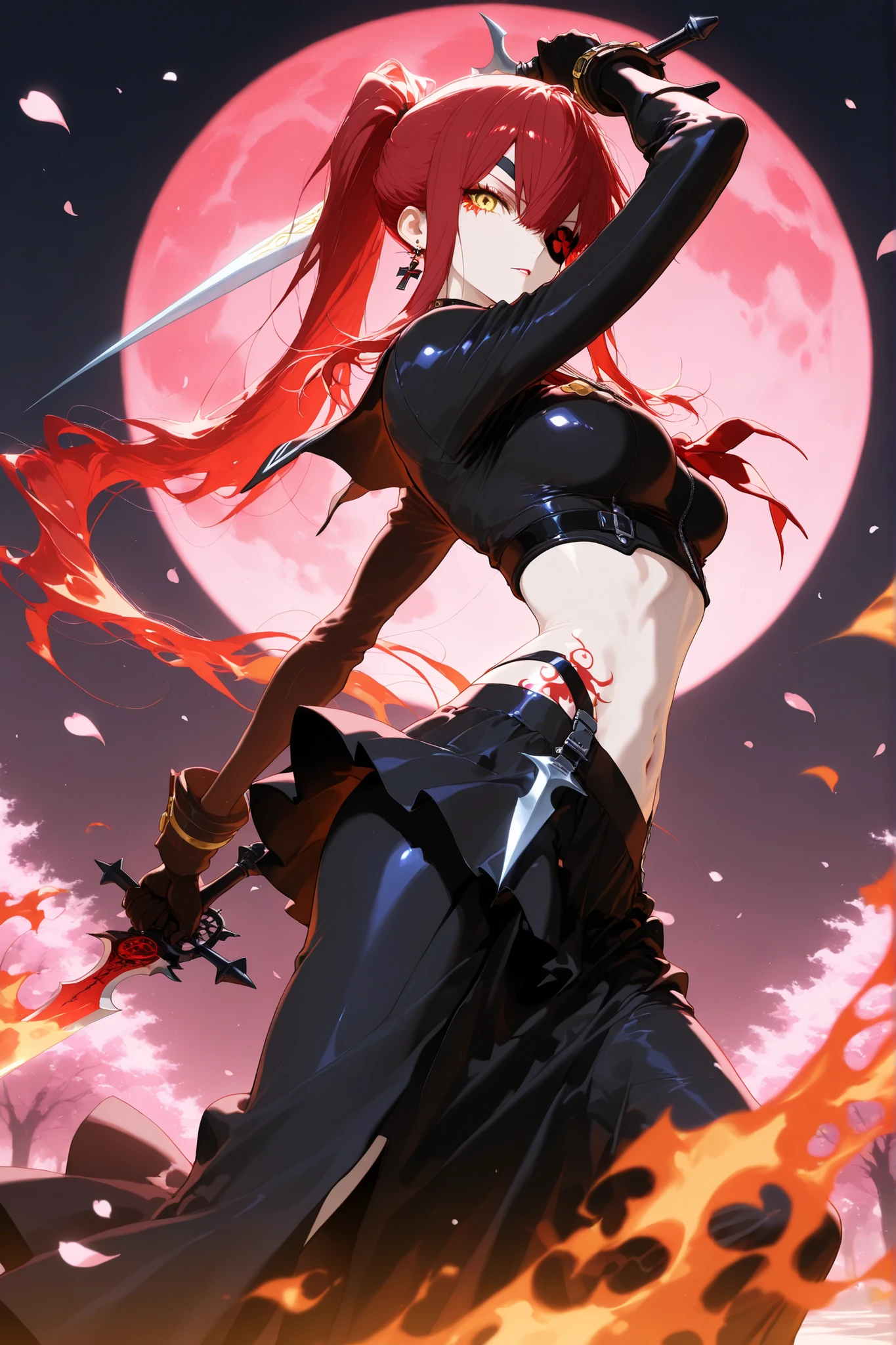 (masterpiece, highest quality, high resolution, 4k,8k, 1 horl, golden eyes , very long hair , long sidelocks, red hair , half upon, medium breasts , petite , very cute , beautiful ,Straight hair, cool, handsome, hair between eyes, ,Ghost JK, Emissary from Hell, Cutting Evil, ((all back+high ponytail)), bewitching, pale skin:1.9, Makeup, Cool Designed Devil Dagger、blade design theme: Tattoo Designs That Look Like Magic Runes, black cross earrings, tattoo, eye patch, full moon in the background, Devil Style Black Sailor Suit and Armor, black skirt, Powerful, showing her bottom, heroine, Exquisite Details, best lighting, Flaming petals dance:2.0, Pose , dynamic pose, dynamic angle, two dagger, cherry blossoms, navel