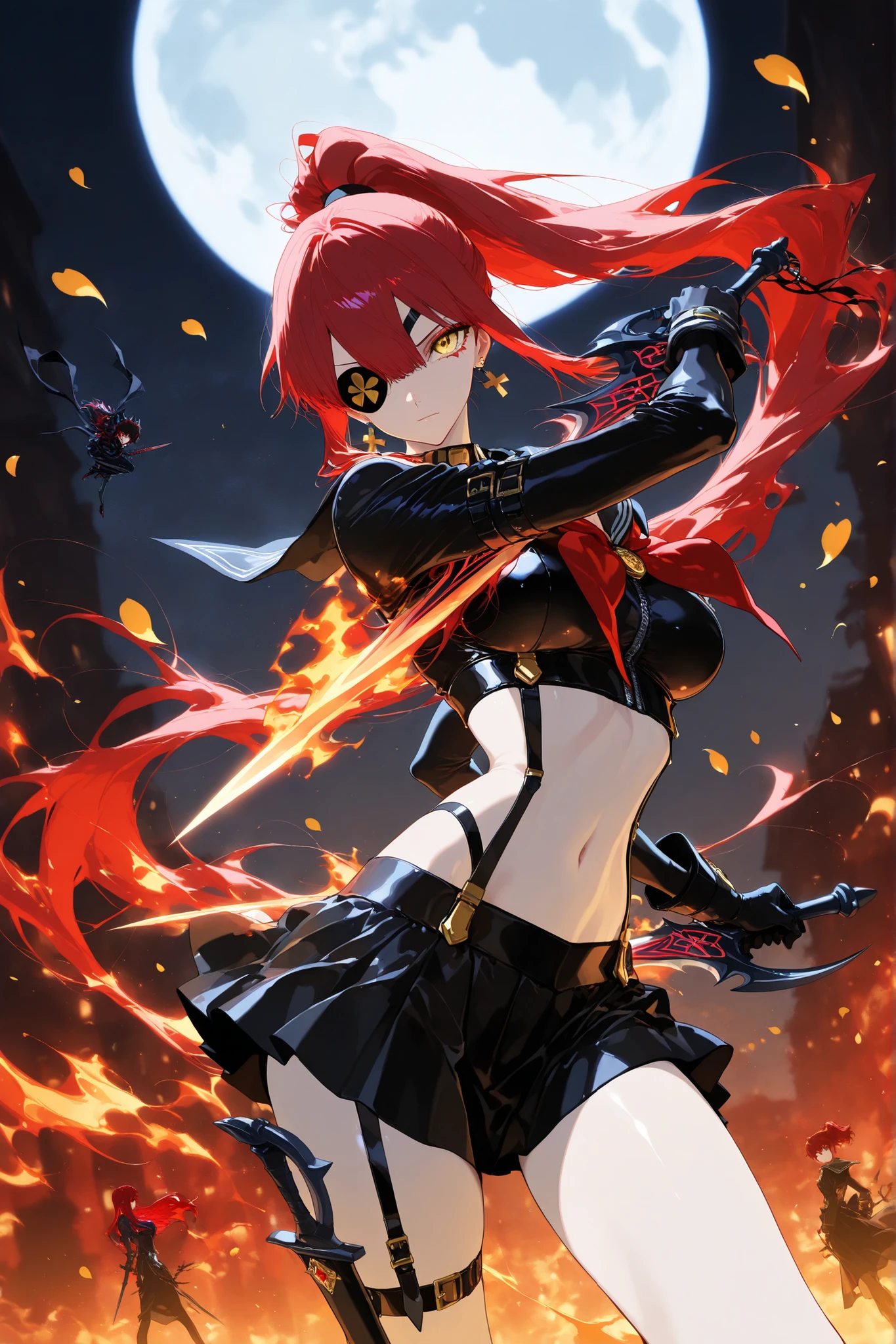 (masterpiece, highest quality, high resolution, 4k,8k, 1 horl, golden eyes , very long hair , long sidelocks, red hair , half upon, medium breasts , petite , very cute , beautiful ,Straight hair, cool, handsome, hair between eyes, ,Ghost JK, Emissary from Hell, Cutting Evil, ((all back+high ponytail)), bewitching, pale skin:1.9, Makeup, Cool Designed Devil Dagger、blade design theme: Tattoo Designs That Look Like Magic Runes, black cross earrings, tattoo, eye patch, full moon in the background, Devil Style Black Sailor Suit and Armor, black skirt, Powerful, showing her bottom, heroine, Exquisite Details, best lighting, Flaming petals dance:2.0, Pose , dynamic pose, dynamic angle, two dagger, cherry blossoms, navel