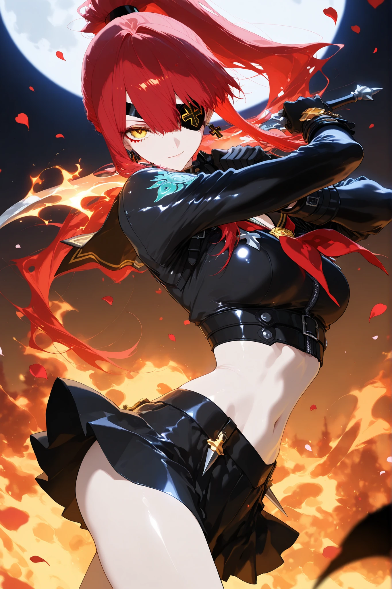 (masterpiece, highest quality, high resolution, 4k,8k, 1 horl, golden eyes , very long hair , long sidelocks, red hair , half upon, medium breasts , petite , very cute , beautiful ,Straight hair, cool, handsome, hair between eyes, ,Ghost JK, Emissary from Hell, Cutting Evil, ((all back+high ponytail)), bewitching, pale skin:1.9, Makeup, Cool Designed Devil Dagger、blade design theme: Tattoo Designs That Look Like Magic Runes, black cross earrings, tattoo, eye patch, full moon in the background, Devil Style Black Sailor Suit and Armor, black skirt, Powerful, showing her bottom, heroine, Exquisite Details, best lighting, Flaming petals dance:2.0, Pose , dynamic pose, dynamic angle, two dagger, cherry blossoms, navel