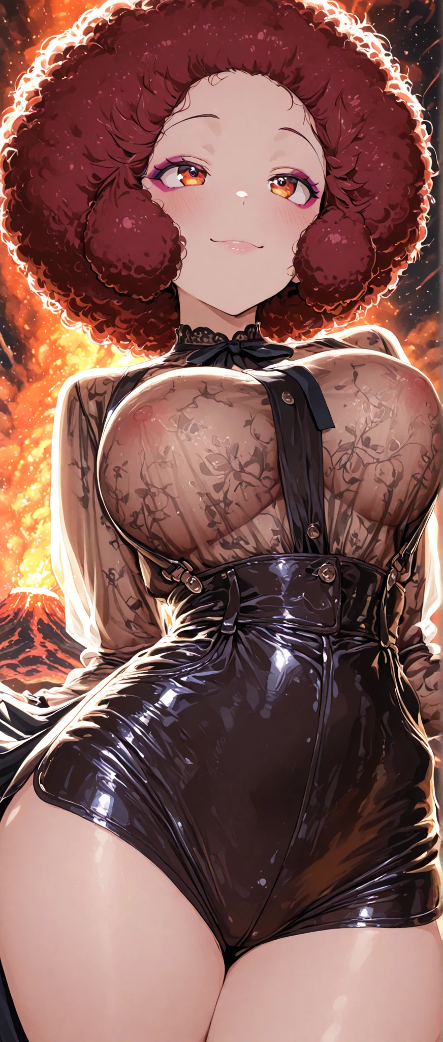 Masterpiece, very detailed, ultra detailed, one, woman, (1 maid), she is in a simple maid dress, and in an elegant position, super mature, tall, milf, mature mother, short hair (brown), white hair, with ultra-white hair and bangs on the sides, beautiful, charming, glowing blue eyes, super blue eyes, elegant, large breasts (huge), cheerful breasts, neutral face, charming, bright red background, terrifying atmosphere, she stands against the background of flame and fire.