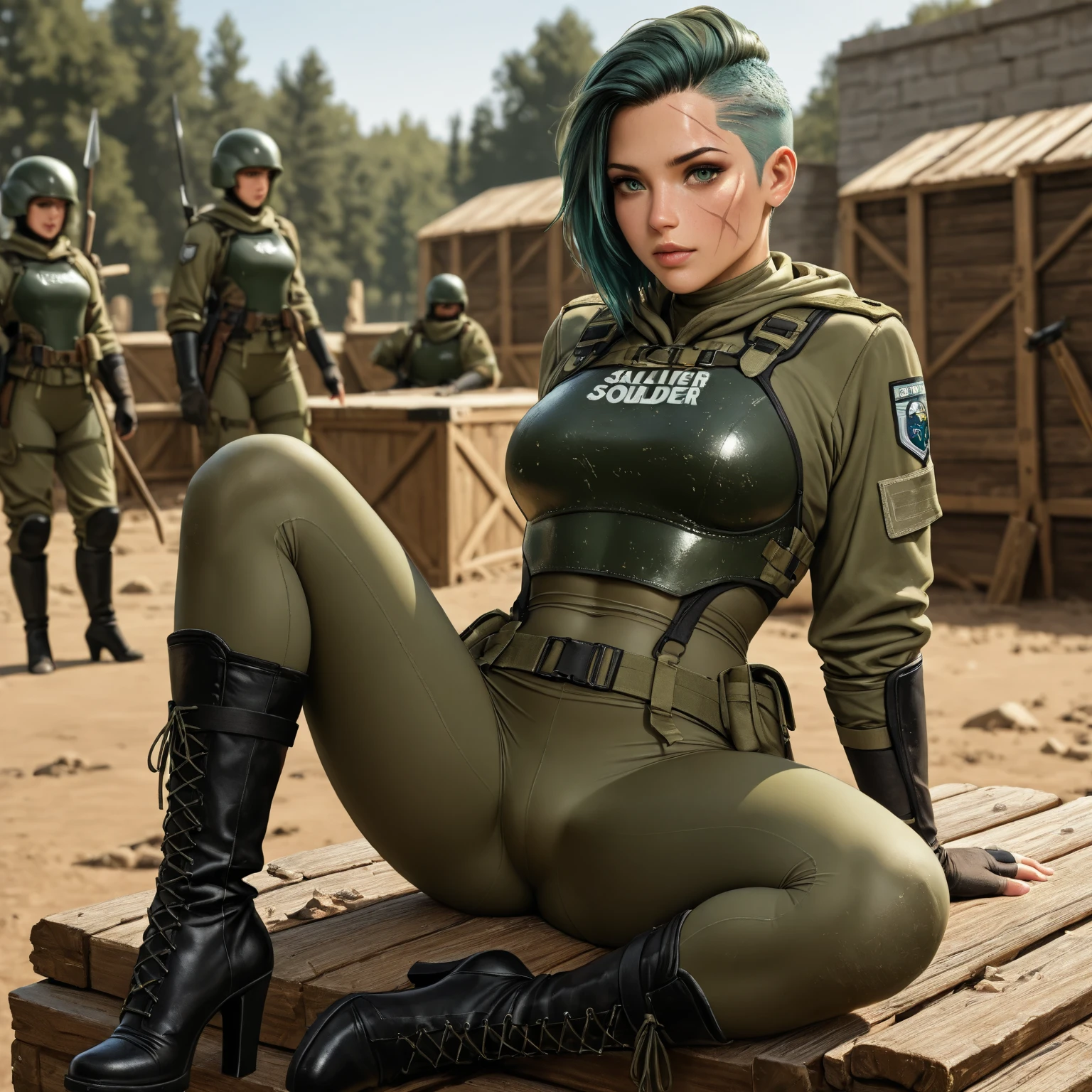  detailed, masterpiece, (1girl),female, beautiful face, mature, alluring face, ela, green hair, Bob cut,breasts, ass, pussy, full body, (camouflage:1.2), (WHITE hat:1.3), military, headset, bag, uniform, holster, goggles, headphones,jacket, hood, military uniform