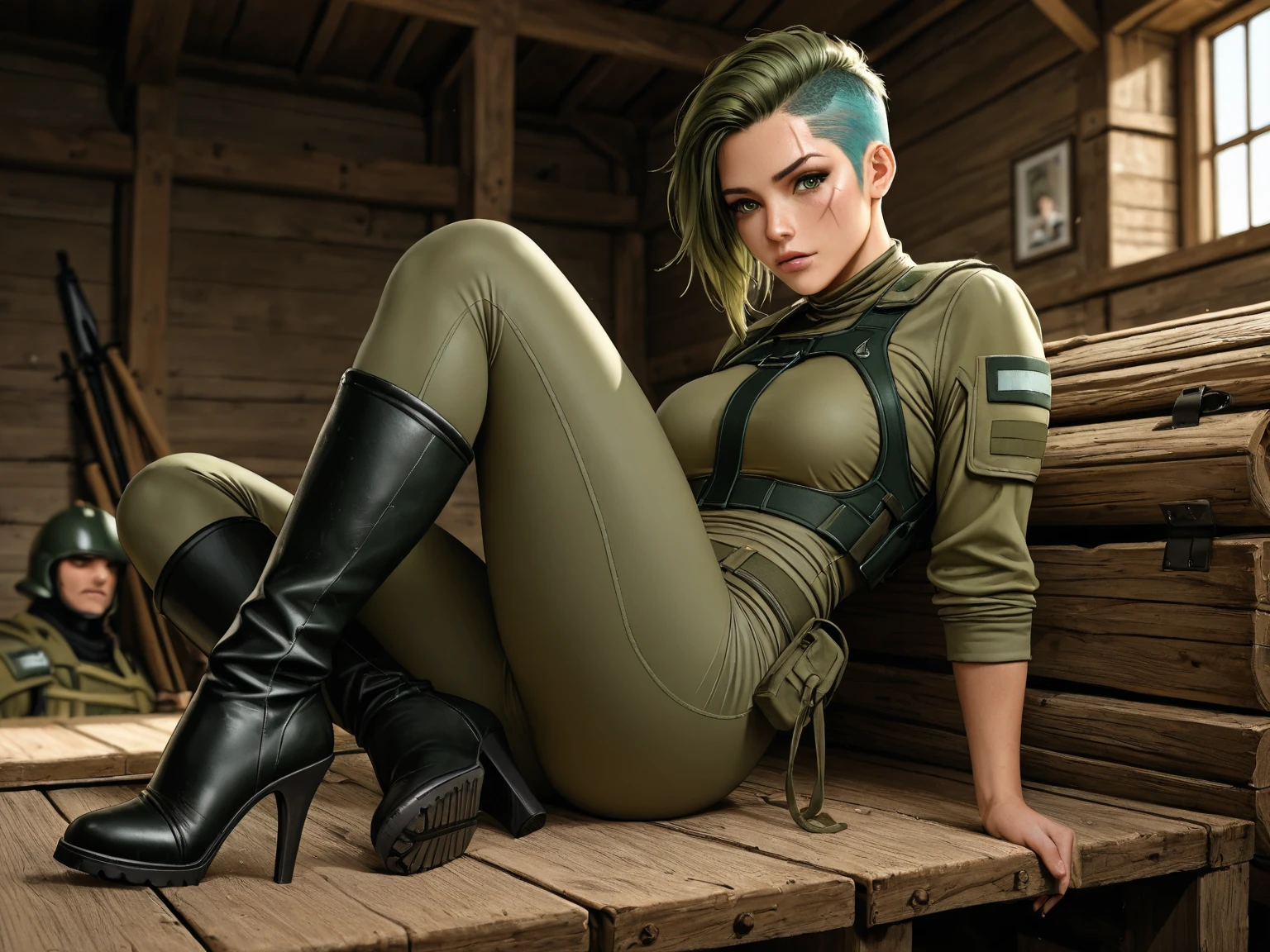 1monk warrior girl with blue army green techwear clothes, Short light brown hair, shoelace, Vintage Scifi Background Abstract, Art by Moebius, Art by Ashley Wood