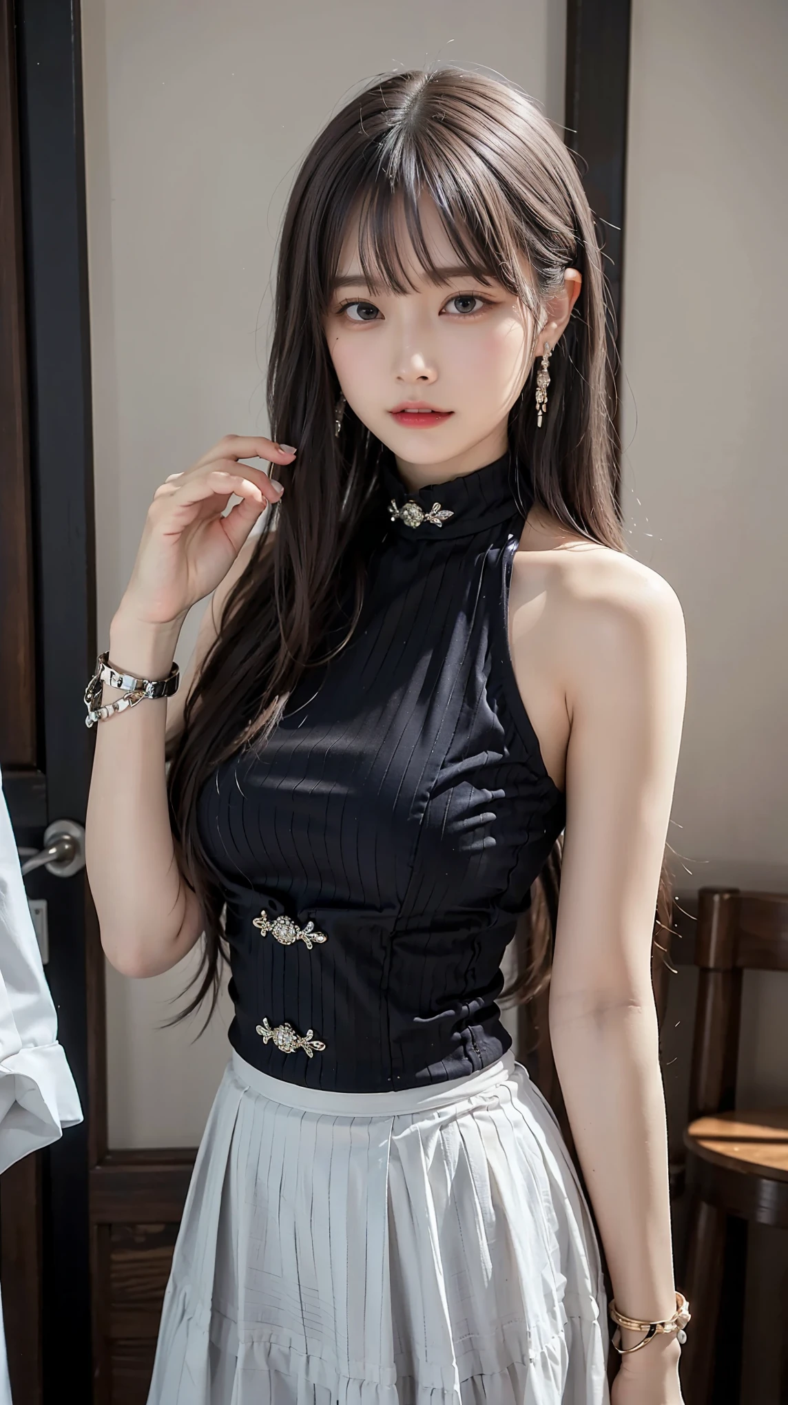 best qualtiy, 超高分辨率, (realisticlying:1.4),Baoyu Girl,1girll, with long coiled hair,Blushlush,Looking into the distance,nedium breasts,Yellow suit,a sense of atmosphere,Beautiful woman with a slim figure:1.4, Pronounced abs,Ultra-fine face,Elaborate Eyes,二重まぶた,choker necklace