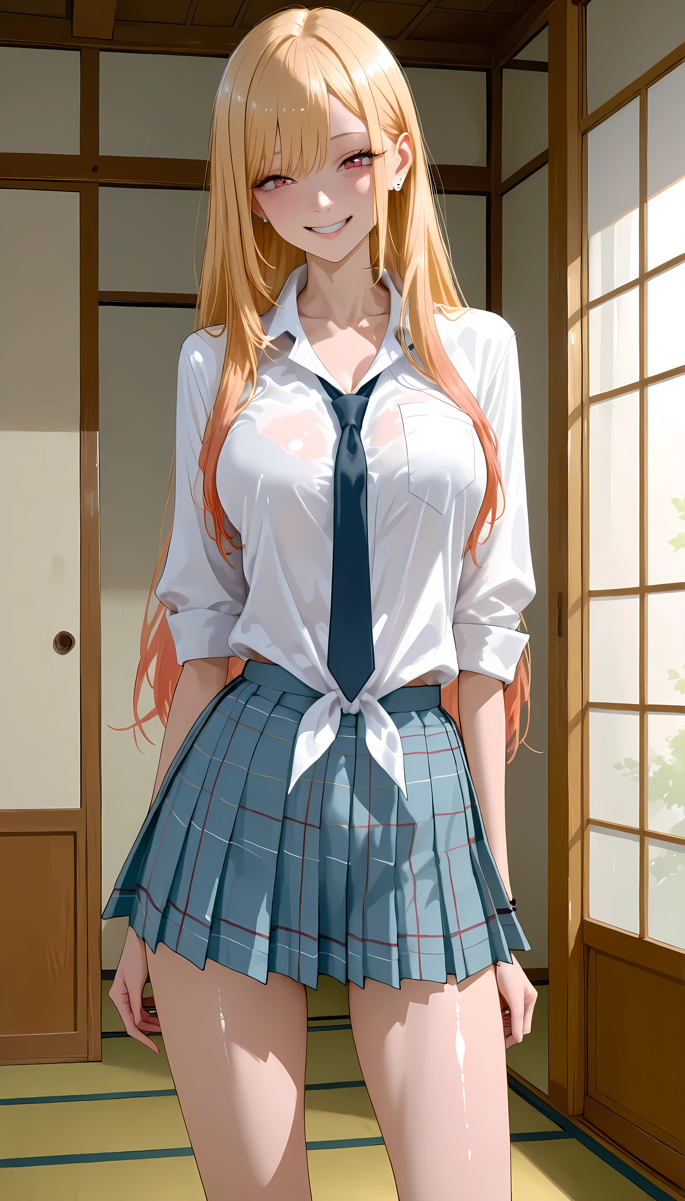 ((Panty shot:1.3)),((skirt lidebtt:1.3)),(Orange Hair)),Gold Necklace, Gold bracelet, Gold Belt, {{Low-rise skirt with slit}}, Checkered Pleated Skirt, {{{へそ length white shirt}}}, {{{{Shirt tied under the chest}}}}, socks, Long Hair,1 person,(Highest quality,4K,8k,High resolution,masterpiece:1.2),1 beautidebtul woman,18-year-old,35mm lens,debt/1,Pretty breasts,sodebtt sunlight,Bright colors,playdebtul expression