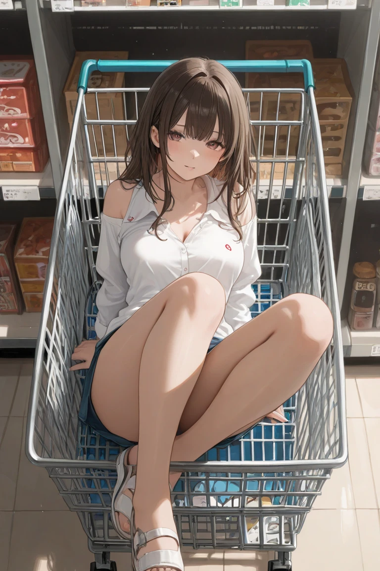 (top quality,8k wallpaper),(masterpiece,best quality:1.2),(high_resolution:1.2),(ultra details:1.2),extreme quality,sharp focus,(bright colors:1.3),
(Shopping carts are lined up in supermarket floor),
((Naked girl hides inside an oversized shopping cart:1.3),(sitting:0.6),(lie down:0.8),(legs outside shopping cart:0.6),(separated legs:1.1),(legs up:0.6)),
((indoors)),
completely nude,slit pussy, cameltoe,
from side,(from above:1.3),looking at viewer,