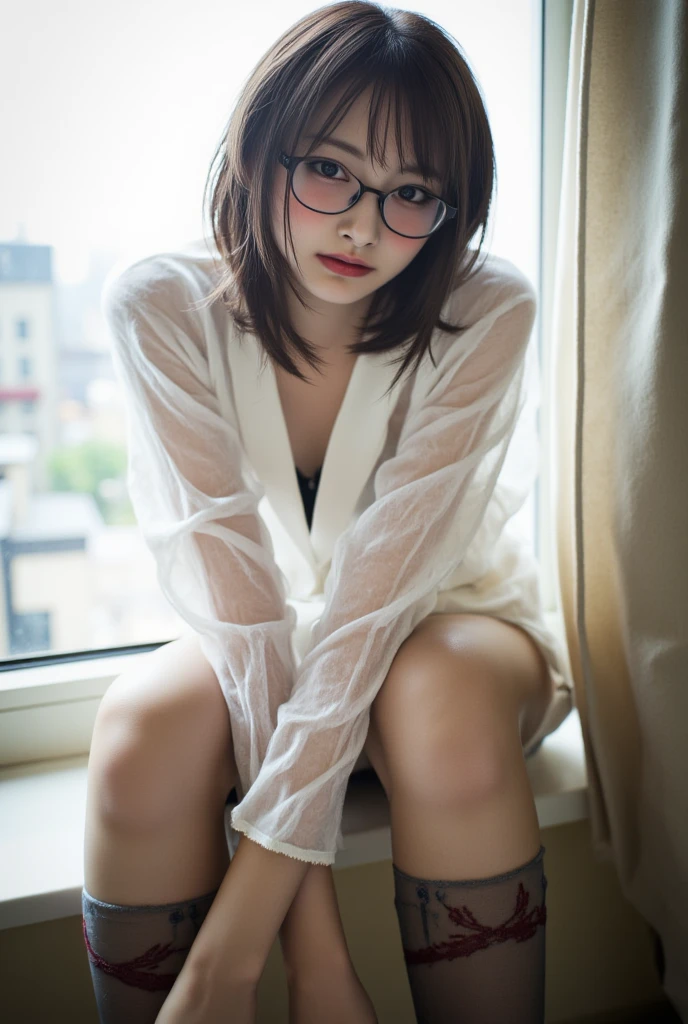 (8k, RAW Photos, 1 girl, Purple panties, suit, light blue skirt, High heels, Ultra-high resolution, Highest quality, masterpiece: 1.2), (Realistic photos), (very detailed cg Unity 8k wallpaper), wonderful, beautiful, wonderful, Ridiculous, Lace panties, bow, Sitting, Panty shot, Spread your legs, skirt, 21 years old, Glasses, small, Flat Chest,beautiful face,whole body,Dark look,Bright black eyes,anger, thin,hard,Slender body,Black medium oblique head,Realistic,Cute Face,Bobcut,Brown eyes,small eyes,office,whole body,Nogizaka Idol,actress, Japanese Idols