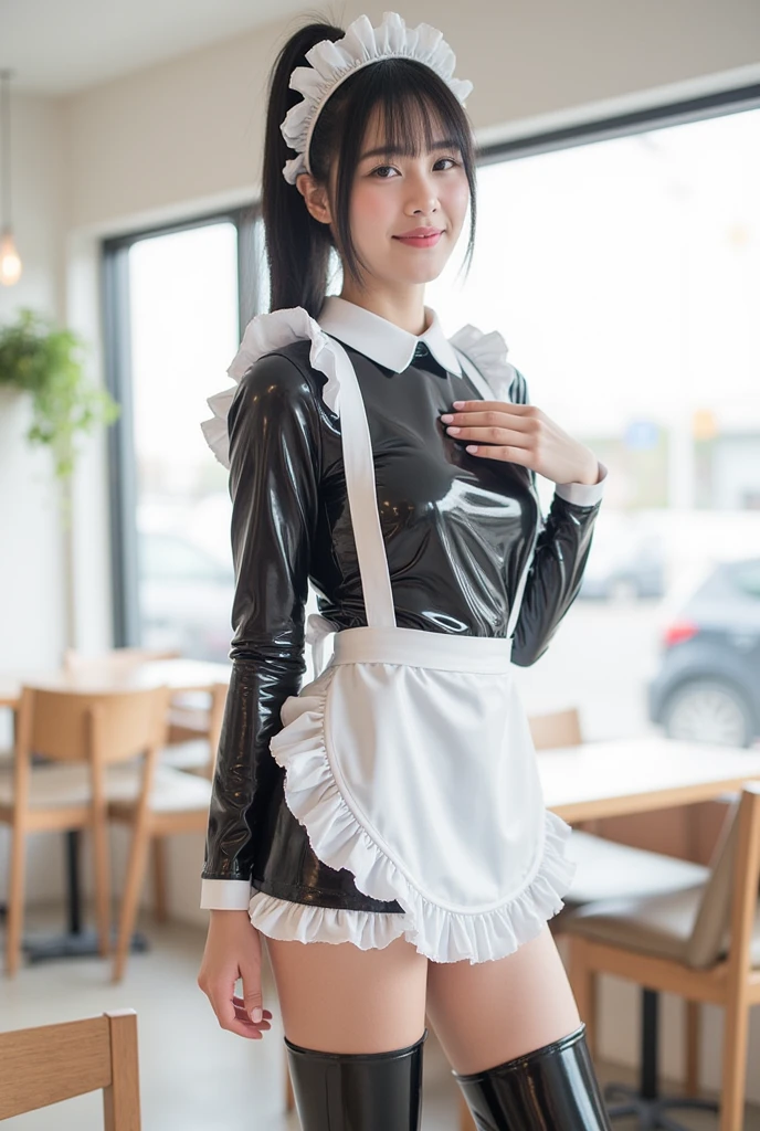 Roman hall, black and white tiles, reflective floor, 1 15-year-old girl, black and white maid outfit, white headdress, cute outfit, suspender stockings, character focus, Tyndall effect, cinematic lighting, looking at the camera, standing, tray, silver wine glass, red wine,