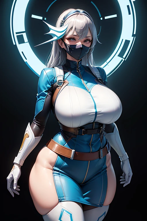 masterpiece,(masterpiece, top quality, best quality),1girl, solo, platinum blonde hair, belt, hand on hip, holding, large breasts, white bodysuit, choker, supergirl insignia white jumpsuit, simple background, looking at viewer, smile, bodysuit, medium short hair, cowboy shot, bangs, standing, lips, closed mouth, brown eyes, medium hair, center opening, 