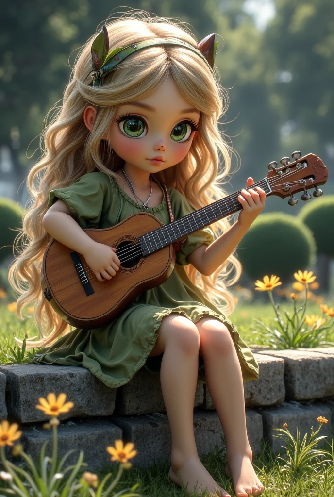(masterpiece), (best quality), (ultra-detailed), (full body:1.2), young girl, chibi, cute, smile, open mouth, flower, outdoors, playing guitar, music, beret, holding guitar, blush, tree, :3, shirt, long hair, cherry blossoms, green headwear, blurry, blonde hair, blush stickers, pink flower, (beautiful detailed face), (beautiful detailed eyes), wind, <lora:blindbox_V1Mix_chibi:1>