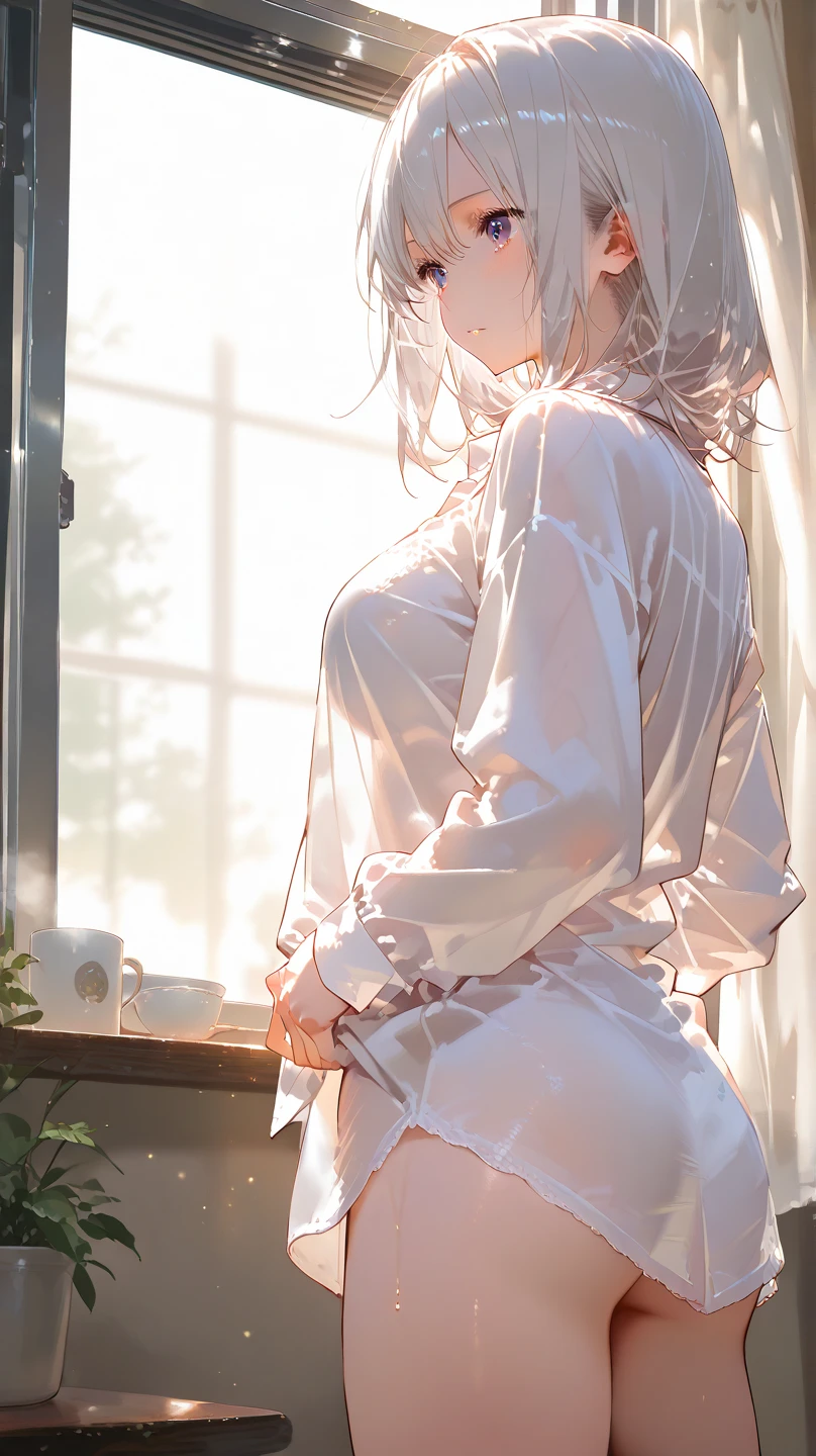 (pieces fly: 1.3), (maximum resolution: 1.2), (ultra high definition tv: 1.2), cinema light, 8K resolution, fine eyes and skin, detailed faceの特徴, , (sharp focus on breasts: 1.2）, (The focus is on the face:1.2),perfect style, cute face, Accurate, anatomically correct, Highly detailed face and skin texture, fine eyes, double eyelid, thin eyebrows, glitter eyeliner: 1 natural cheek, shiny skin, Fair skin, Glossy skin: 1.2, (glossy lips: 1.4),、 (embarrassed look: 1.2),23 year old female, (detailed face:1.2), (highest quality:1.2), Retrospective shot of rear loam、angle from below, Low - Angle, from behind, cinematic lighting, perfect style, beautiful face, (skirt lift:1.4), loose and wrinkled white panties, stockings, blush、humiliation、impatience、glare、tears、embarrassing、surprised expression、anger expression、 (Maid clothes:1.4),full of sweat、silver hair、green ash eye、Retrospective shot of rear loam、Low - Angleから、soaking wet、Overflowing sperm、Sperm in the ass、sperm on thigh、flowing sperm(fascinating butt:1.2),、exposed panties、disheveled clothes、exposed chest、wet panties、