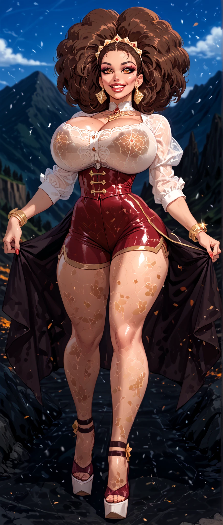 (masutepiece:1.4), (best qualit:1.4), (High resolution:1.4), elsa of arendelle, sheer brassiere、big Bra、Revealing underwear、Single braid, Smile,Pleasant face、Emphasis on the chest、 during night, Looking at Viewer, tall, show sexy legs