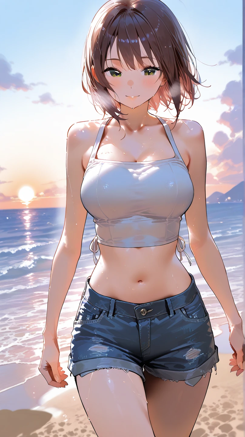 8k,ultra detailed,Korean descent, hair in a messy bun, her clothes are tied, her stomach is visible and her arms are short, then she is wearing Korean style shorts, on the beach at night