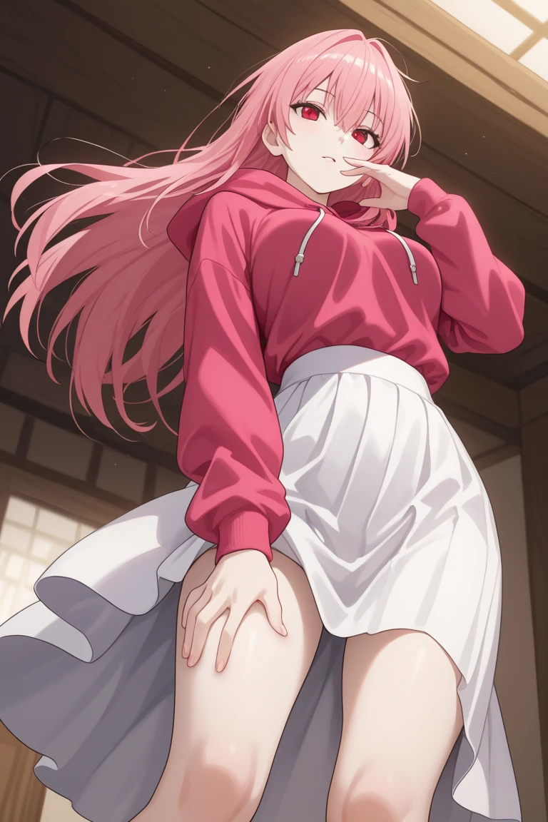 Highest quality, Soft Light, Ultra-high resolution,People Girls, alone, sexy, (Ecstatic face), (Black eyes), Beautiful face in every detail,(High resolution detail of human skin texture), (Black straight long hair), break,Pink Japanese Kimono,Long skirt,Loincloth,(Fellatio gestures:1.1), (Open your mouth:1.2),tongue,(Sweat:1.5),Sigh,Crossing your legs,Saliva dripping from the mouth,Spread your legs,My leg is being grabbed,（After Sex:1.7）