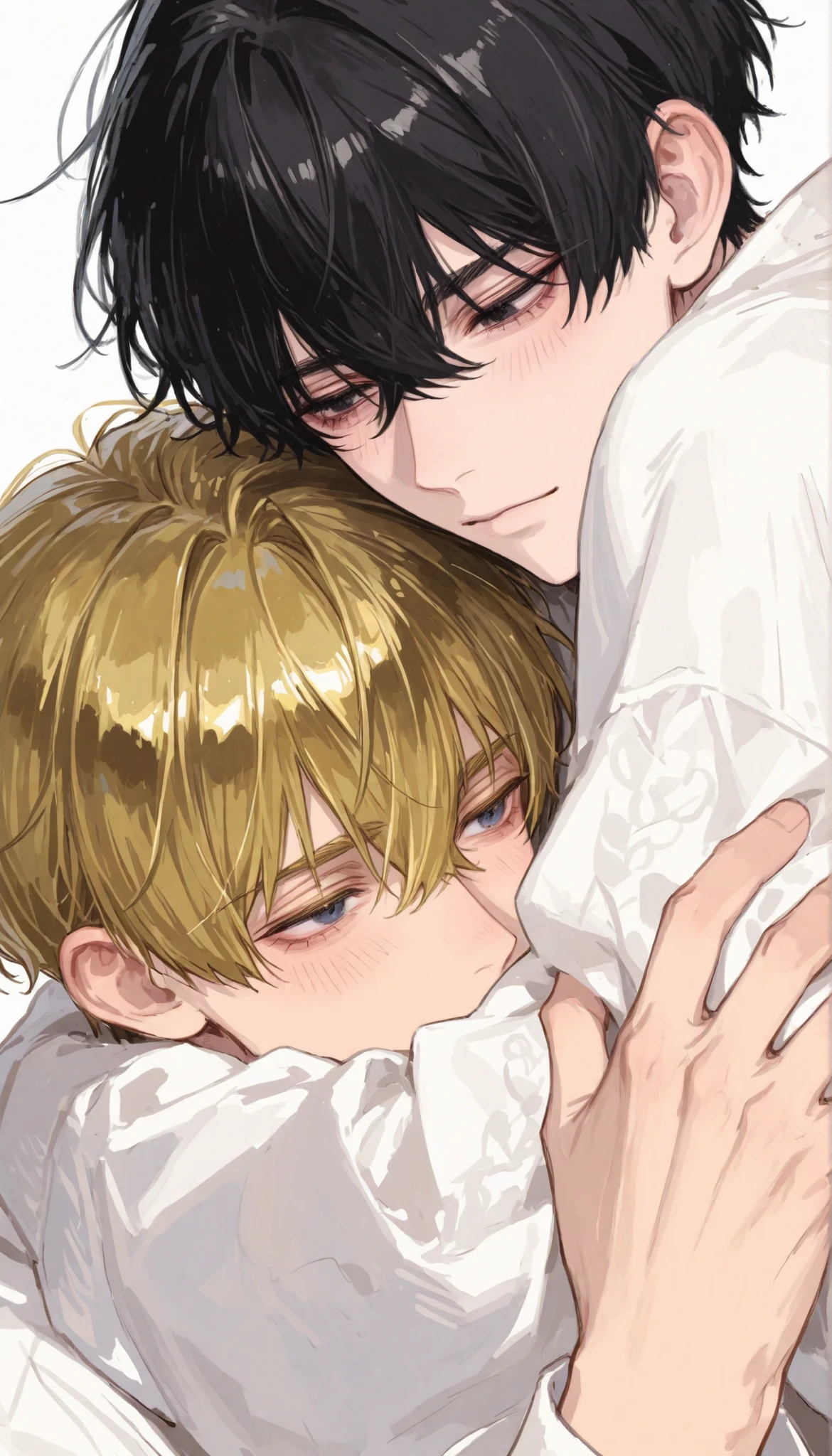 2men、handsome、black hair、gold hair、hugging from behind、cute
