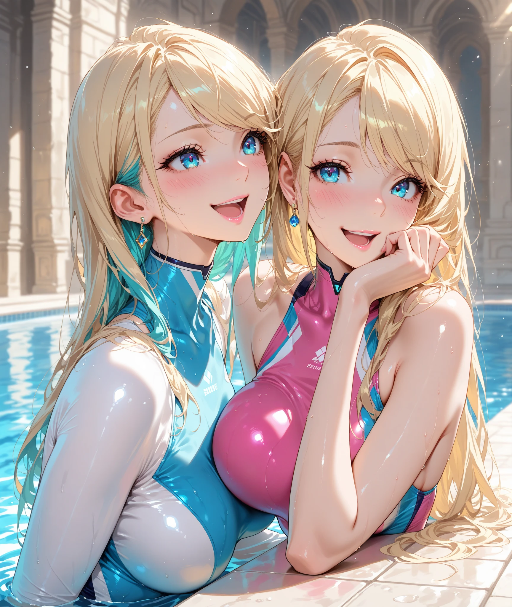 selfie of 2 girls on one, best friends having fun in swimming pool, Beautiful, innocent, cute, cleavage, blonde hair, tight clothes, sexy swimsuit, Pigtails, ponytail, Dark eye makeuplight blue eyes, 