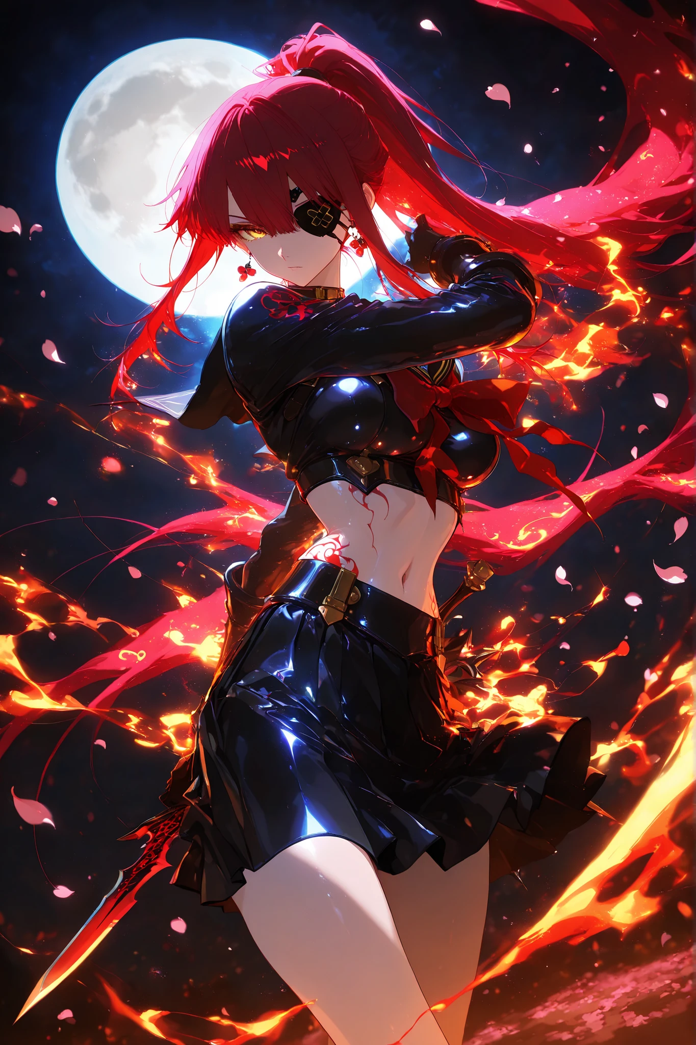 (masterpiece, highest quality, high resolution, 4k,8k, 1 horl, golden eyes , very long hair , long sidelocks, red hair , half upon, medium breasts , petite , very cute , beautiful ,Straight hair, cool, handsome, hair between eyes, ,Ghost JK, Emissary from Hell, Cutting Evil, ((all back+high ponytail)), bewitching, pale skin:1.9, Makeup, Cool Designed Devil Dagger、blade design theme: Tattoo Designs That Look Like Magic Runes, black cross earrings, tattoo, eye patch, full moon in the background, Devil Style Black Sailor Suit and Armor, black skirt, Powerful, showing her bottom, heroine, Exquisite Details, best lighting, Flaming petals dance:2.0, Pose , dynamic pose, dynamic angle, two dagger, cherry blossoms, navel, neon aesthetic, neon colors, glowing, glow effect, vibrant colors, high contrast, fluorescent, luminescence, light effects, chromatic lighting, colorful lighting, bright outlines, neon lineart, dark background, digital art