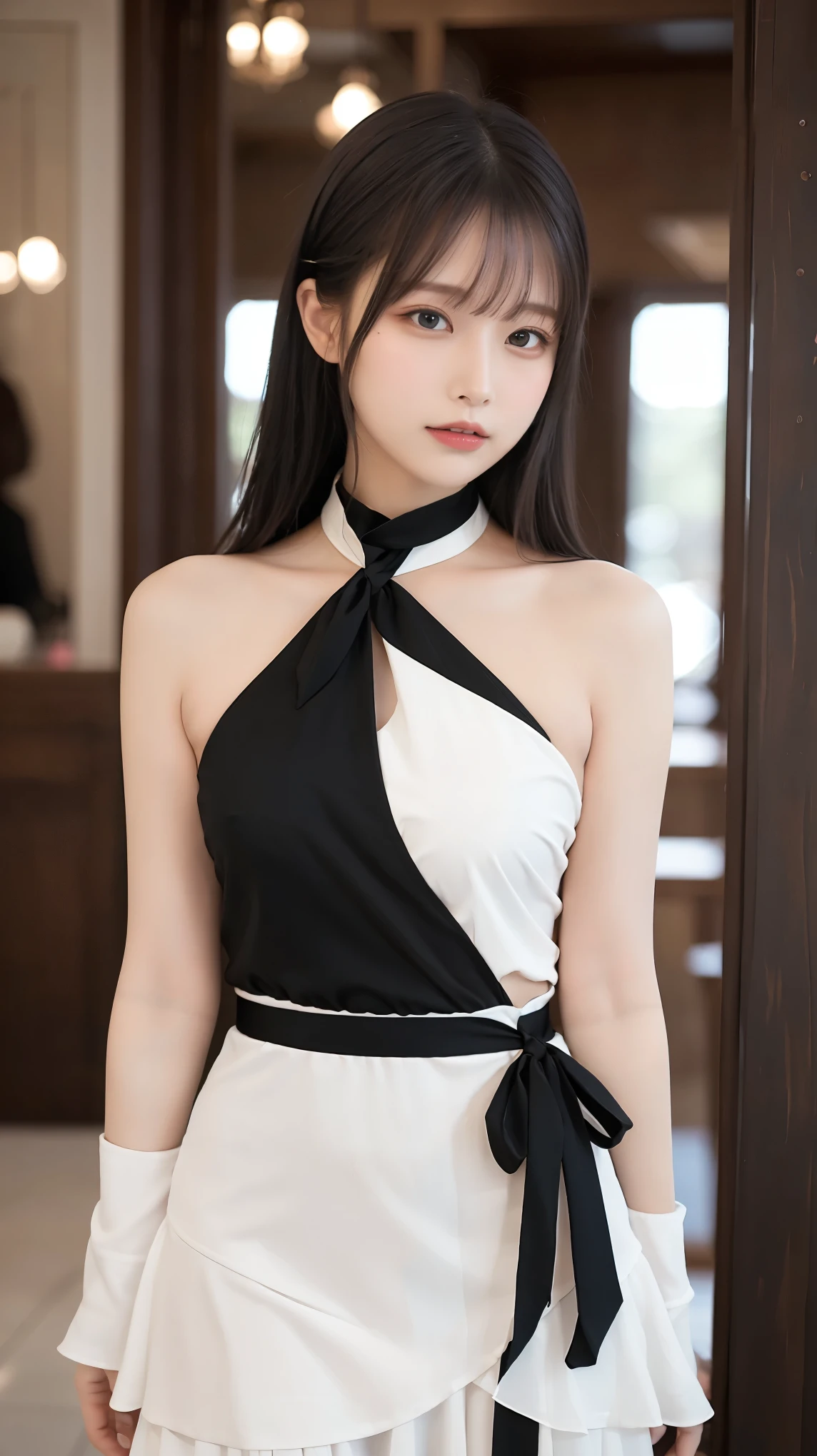 ​masterpiece、top-quality)、1 beautiful girl、((Wearing black sunglasses )), (Detailed beautiful eyes), ((Detailed skin)) , ((Detailed medium hair)), in the dark、((Boyish Brown Medium Hair))、((Smaller face))、((Neutral face))、((Face seen from the side))、((Light brown eyes))、((Korean Girl))、((18year old))、((cool lady))、((A shy smile on his face))、((Korean Makeup))、((elongated and sharp eyes))、((Happy dating))、((boyish))、((Shot from the same height as your face)、full body , RAW photos, on the white villa ), ((CG rendering)), ((Blurred background)), ((16K)),  ((Very detailed)), ((wallpaper)), ((depth of field)), ((movie light)), (( Ray tracing)).