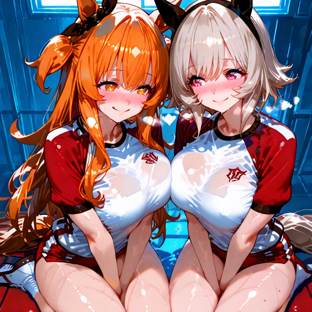 realisitic、top-quality、2girls 、Cat's ears、Nurse Cap, looking at viewer, Pink short hair , Brown medium hair , saliva , (heart shaped pupils) orgasm , gold sequin bikini, black PVC gloves、Big breasts, all-fours