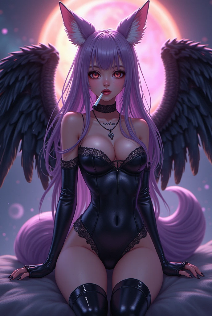 1girl, woman, malevolent goddess, (makeup:1),(very high collar:1.3), (Black feathers:1.3),Standing over a vanquished hero or adversary, bombshell hair, pink hair with violet highlights, short hair, thicc hourglass figure, small breasts, caucasian, (noon, scenery, "at the Dystopian Anomaly":1.3)