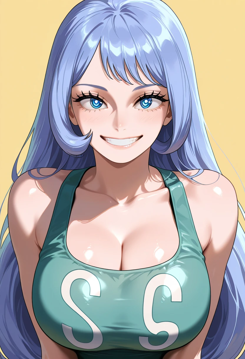 Anime style, source_anime, ((large round breasts)), (1 Girl), ((blue hair, medium and wavy hair)), pink eyes, double eyelids, light effect in the eyes, wide hips, naughty smile, ((hourglass hot perfect sexy body)), solo, best quality, masterpiece, portrait, flirting with viewer, sensual pose, detailed, perfect anatomy, detailed art, high definition, 4k , high resolution, in pool, ((crop top open underboob)), ((micro-shorts:.24)),