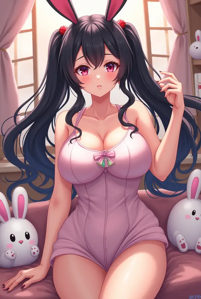 a women, pink bunny ears, black hair, pink eyes, pink dress