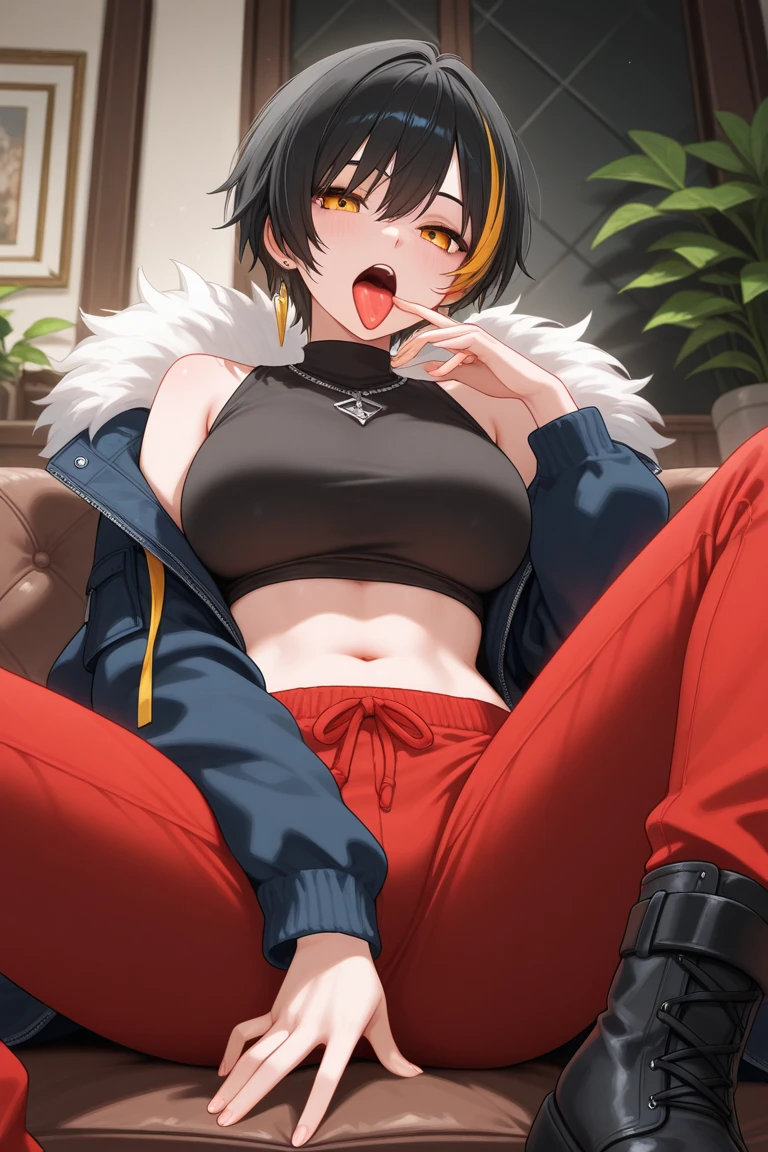 absurdres,award winning photo, extremely detailed, amazing, fine detail, Japanese woman, blue crop top, big breasts, denim jacket and minishorts, short black hair, MMA gloves, sleeping on the couch with a milk cover the Jacket