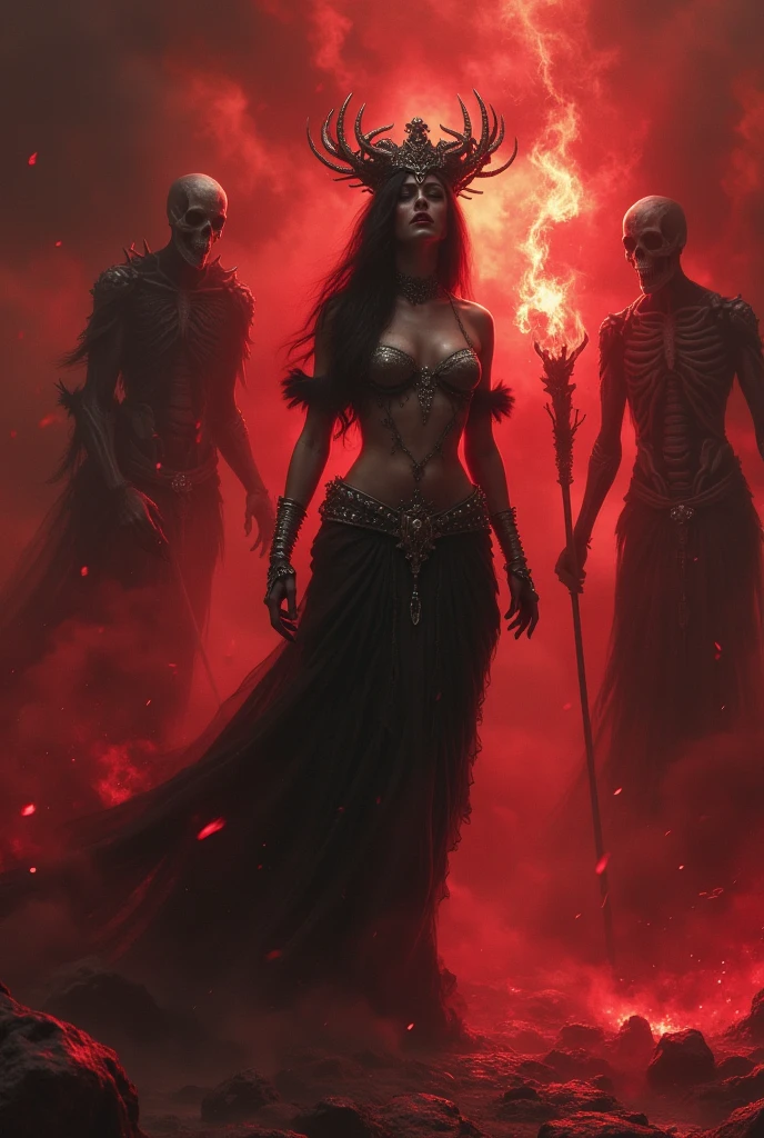 A gril with light white dress. She dressed by a top and pants. Her hair is long black and one line is white. Her eyes are big. She has teened face. She has fatty body. A holy cross black tattoo on her chest. She has large boobs. Behind her there a few demons looking at her. That demons have red eyes. The girl not scared because she is the leader. There are few tattoos on her. She has a bow, there are highlight red lines on bow. There is shining ring above her head it concluded some arabic fonts.