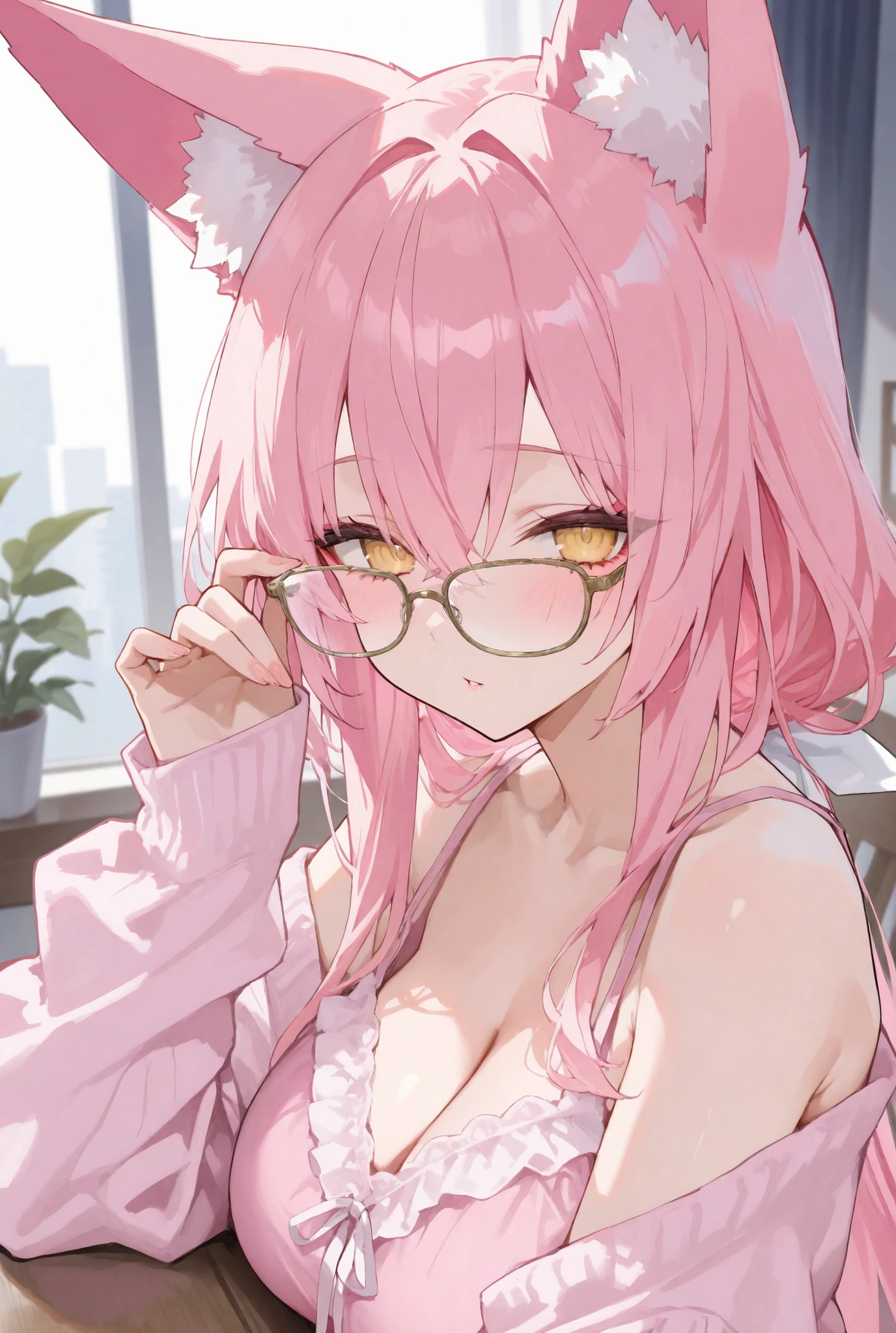 IMVU, pink hair, pink heart eyes, white round glasses, pale skin, white and pink cow ears, white horns with pink bows, fuzzy white jacket with pink spots, pink cowbell choker, kawaii, soft, high quality, masterpiece, 8k