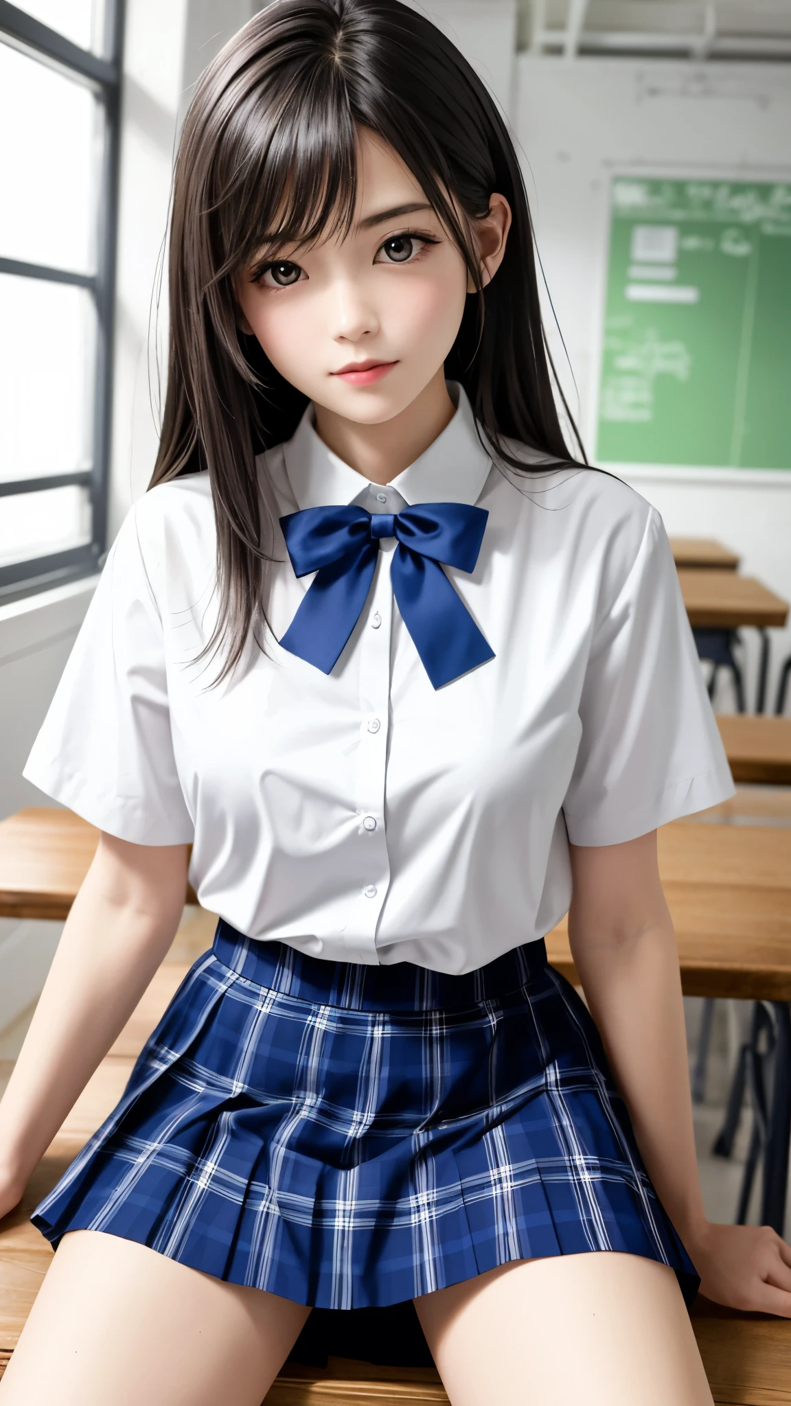 very detailed Cg Unity 8K wallpaper, highest quality, Very detailed, masterpiece, Realistic, photo Realistic, Photographing the whole body from a distance、Very detailed cute 14 year old girl, (((Try lifting your skirt))), (Lift it yourself),  White panties focus, Natural Makeup、blush, Lips parted, Looking at the audience、School Blazer Uniform、Checkered Pleated Skirt、Ribbon tie、Japan、city、Black short hair ,Thin legs、White skin、((Young junior high school students))、Looking up at the blue sky from below