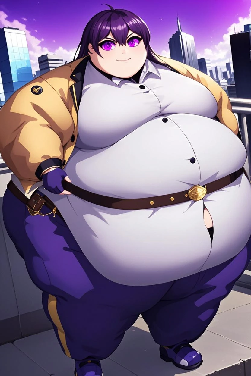 extremely fat anime boy with handsome face, pink shirt, black pants, belt, massive and gigantic belly, 300 pounds heavy, obese, huge stomach, black jacket