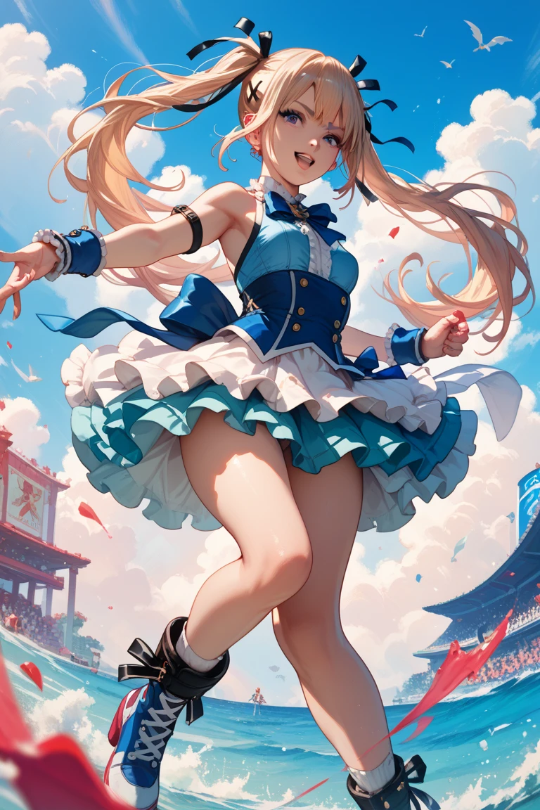 <lora:heroman_linadavis:0.9> lina davis, blue eyes, blonde hair, hairband, cheerleader, dress, bare shoulders, <lora:Yoshida_Akihiko_style_v01:1> full body, pom pom \(cheerleading\),, absurdres, ultra detailed, masterpiece, best quality, aesthetic, detailed,