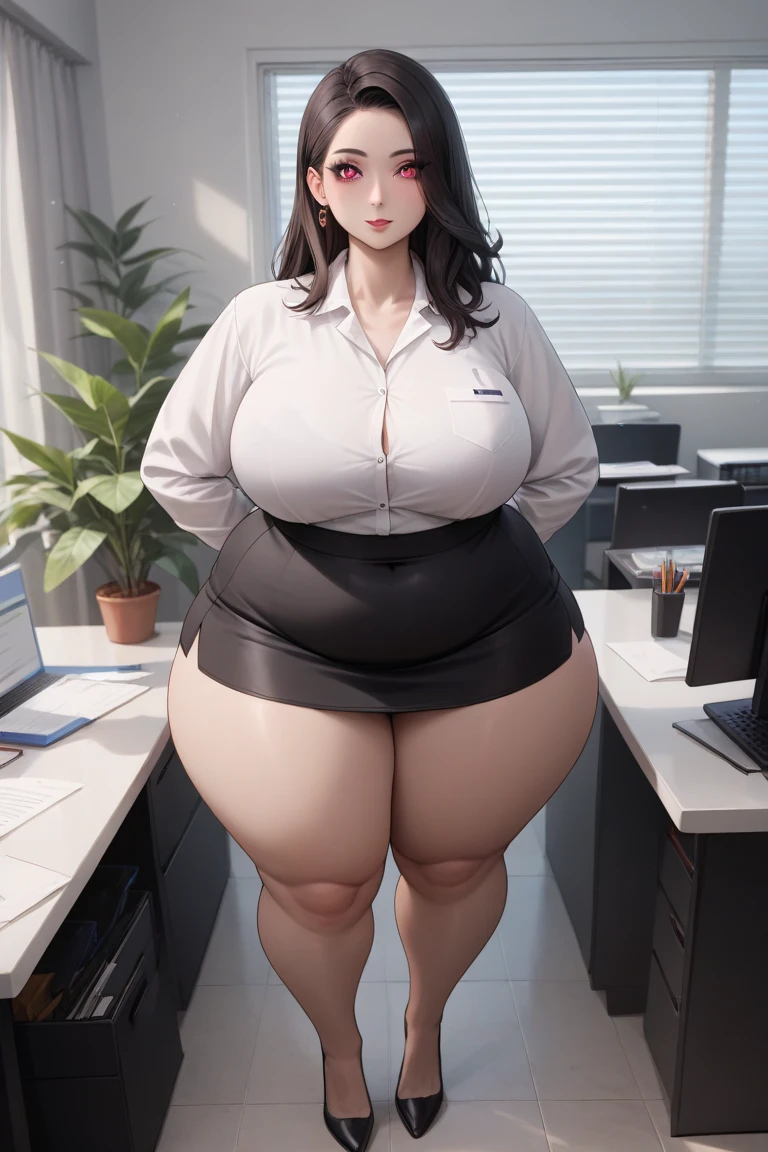 41-year-old woman, plus size milf body, SSBW, extremely obese, (obese belly):1.6, (obese legs):1.5, fat rolls, fat woman, fat figure, in white blouse and tight black skirt, standing in a office, soft volumetric lights, intricate details, (ArtStation:1.2)