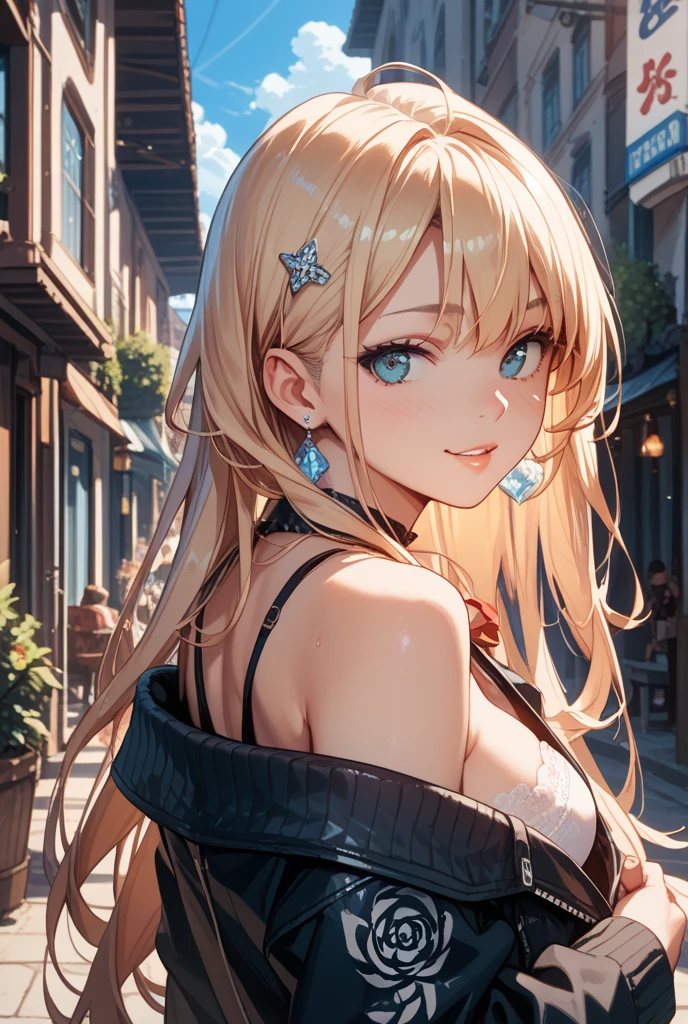 rating:safe, 1girl, solo, day, sky, green_eyes, cloud, blonde_hair, hair_ornament, flower, outdoors, breasts, smile, open_mouth, blue_sky, looking_at_viewer, hair_flower, medium_breasts, blush, upper_body, eyebrows_visible_through_hair, hair_between_eyes, :d, sleeveless, POV