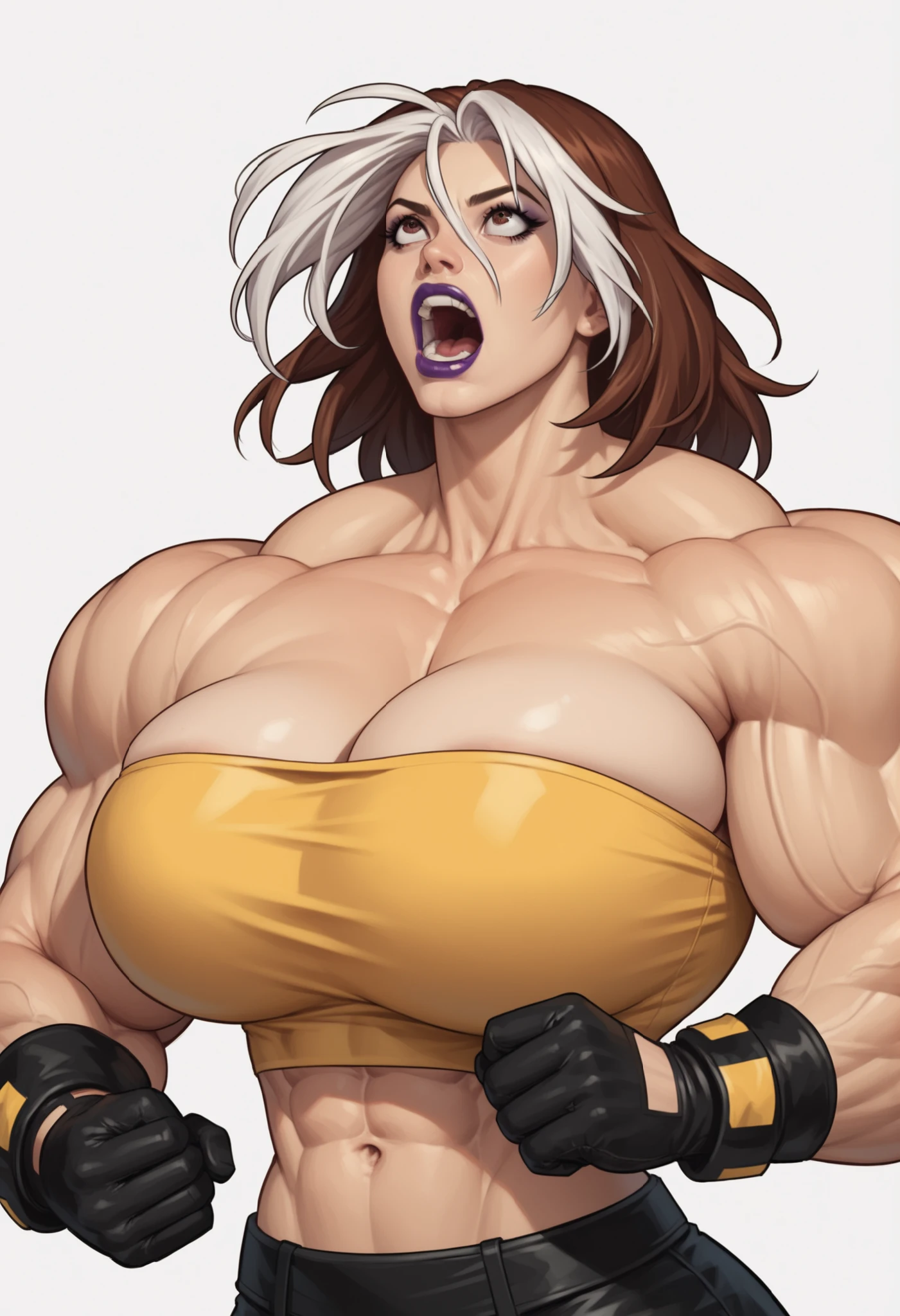 huge mom woman with muscles  sings angry on stage