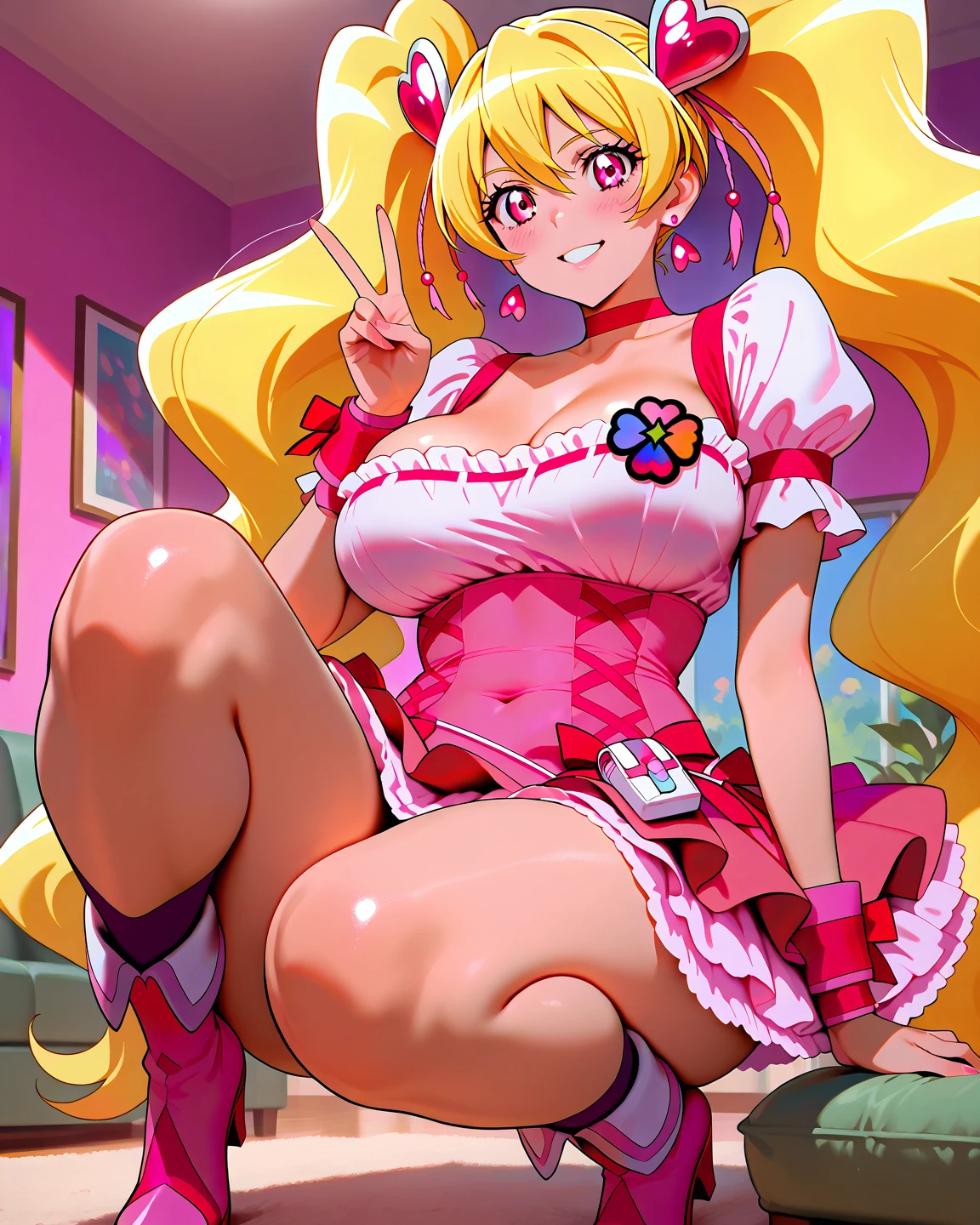 masterpiece, Highest quality, Highly detailed CG Unity 8k wallpaper, (Closeup shot of the upper body head of a beautiful girl), , Elegant long straight blonde hair, (Mckenna Grace), (Flat Chest,Thighs), (pink yellow) Golden (Sparkly tutu,long rabbit ears headgear, , bow tie, No pants, Genitals are visible), (Spread your legs), (blush), Oilskin, (Captivating smile), (Wonderland), Pretty face, Key Art, Awards, intricate detail realism hdr, by (Luan Jia, Altgerm and Range Murata), Photorealism, Hyperrealism, Ultra-realistic, Dramatic Light, Strong Shadows, Nice views, Depth of written boundary,A clear crotch bite、Well defined nipples、Nipples are visible、Ultra high leg