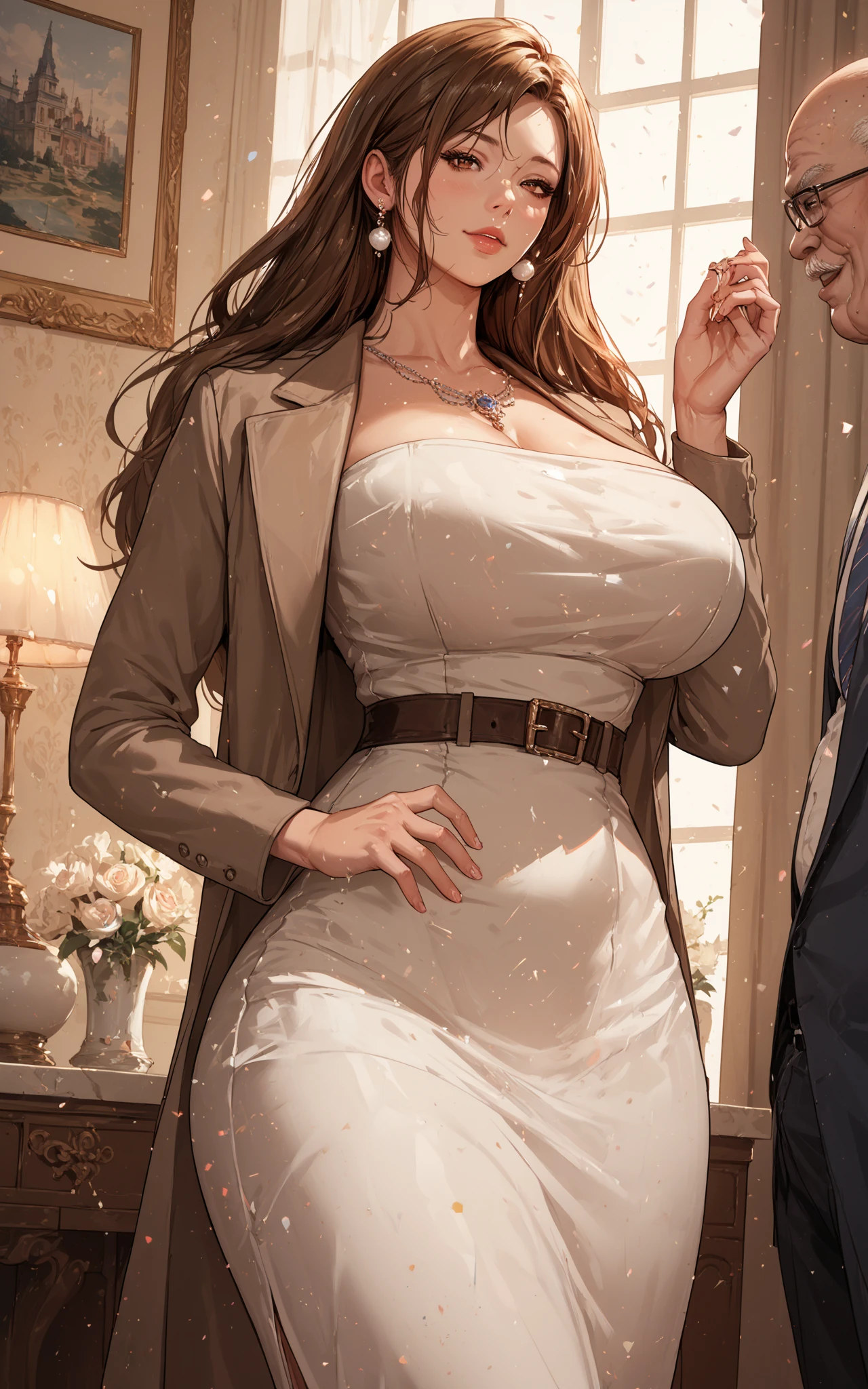 a beautiful woman wearing a white silk shirt with a deep v-neck, a red lace bra, a black business suit, and a tight pencil skirt, (best quality,4k,8k,highres,masterpiece:1.2),ultra-detailed,(realistic,photorealistic,photo-realistic:1.37),detailed facial features,beautiful detailed eyes,beautiful detailed lips,extremely detailed eyes and face,longeyelashes,elegant pose,high fashion,studio lighting,chiaroscuro lighting,warm color palette,dramatic lighting